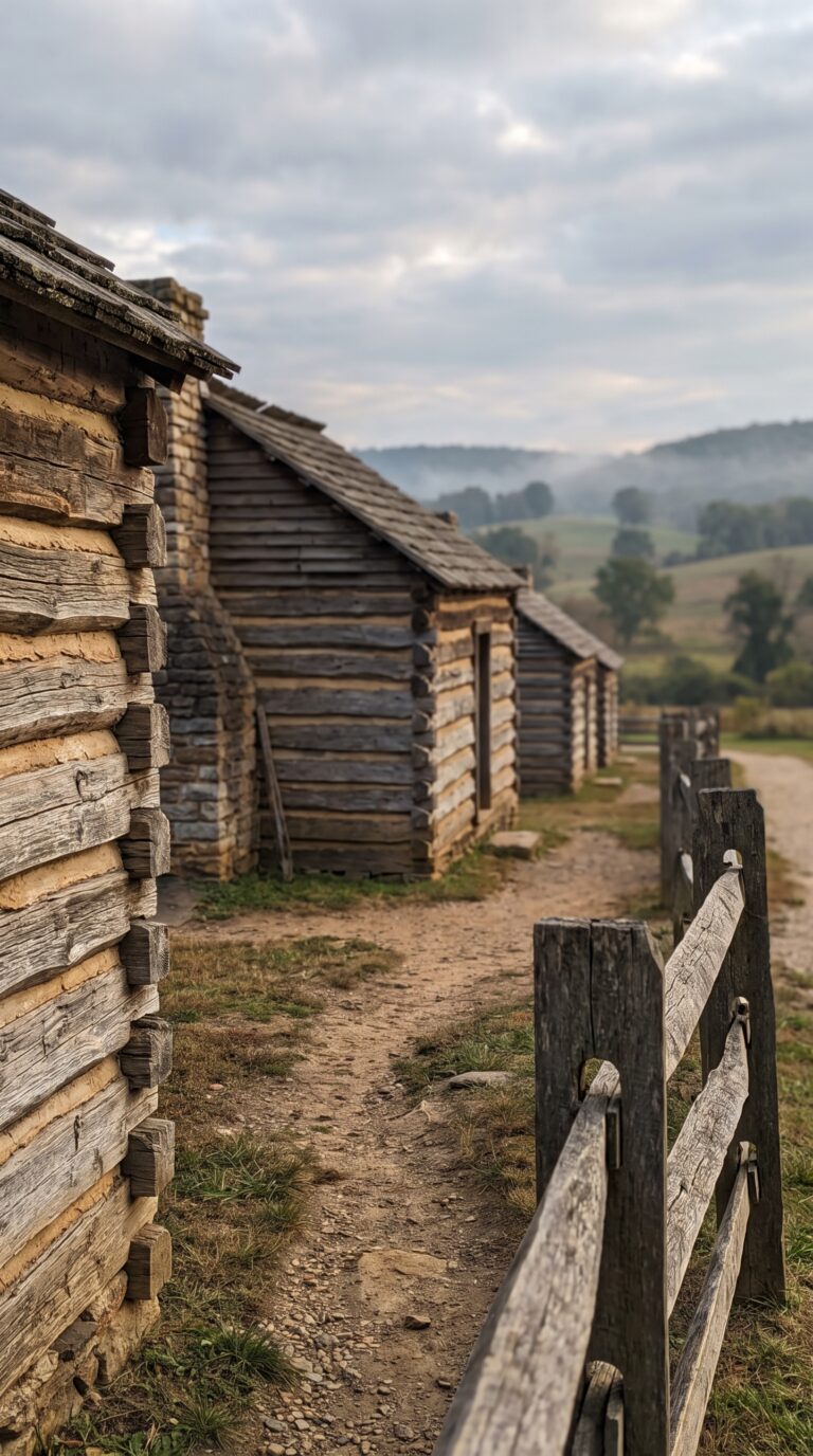 Reconstructed Revolutionary War soldier log cabins at Valley Forge encampment site