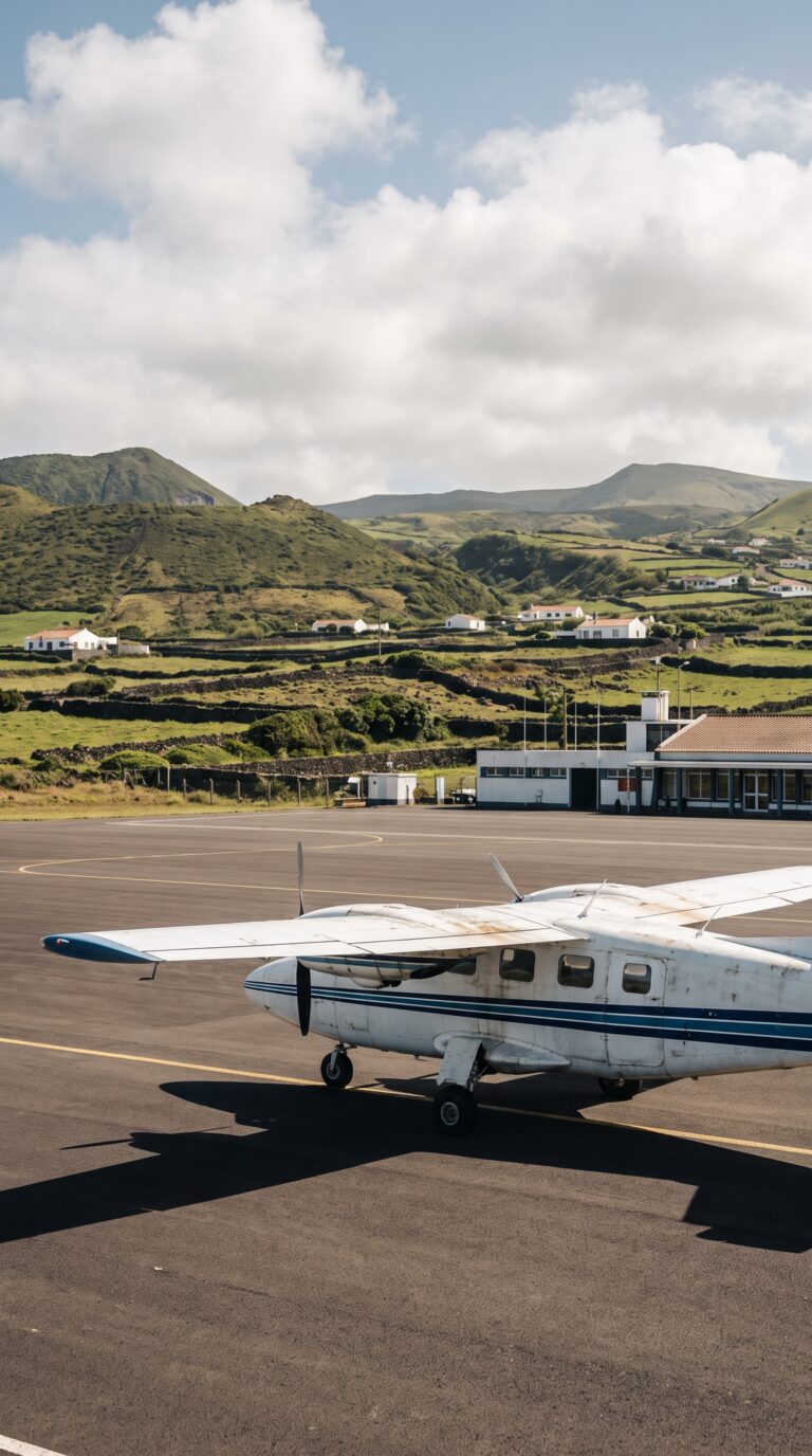 Regional aircraft at Graciosa Island Airport with volcanic terrain backdrop