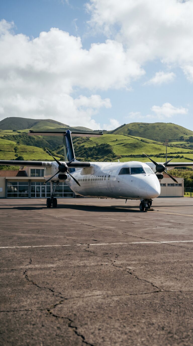Regional aircraft at Santa Maria Airport terminal, Azores islands