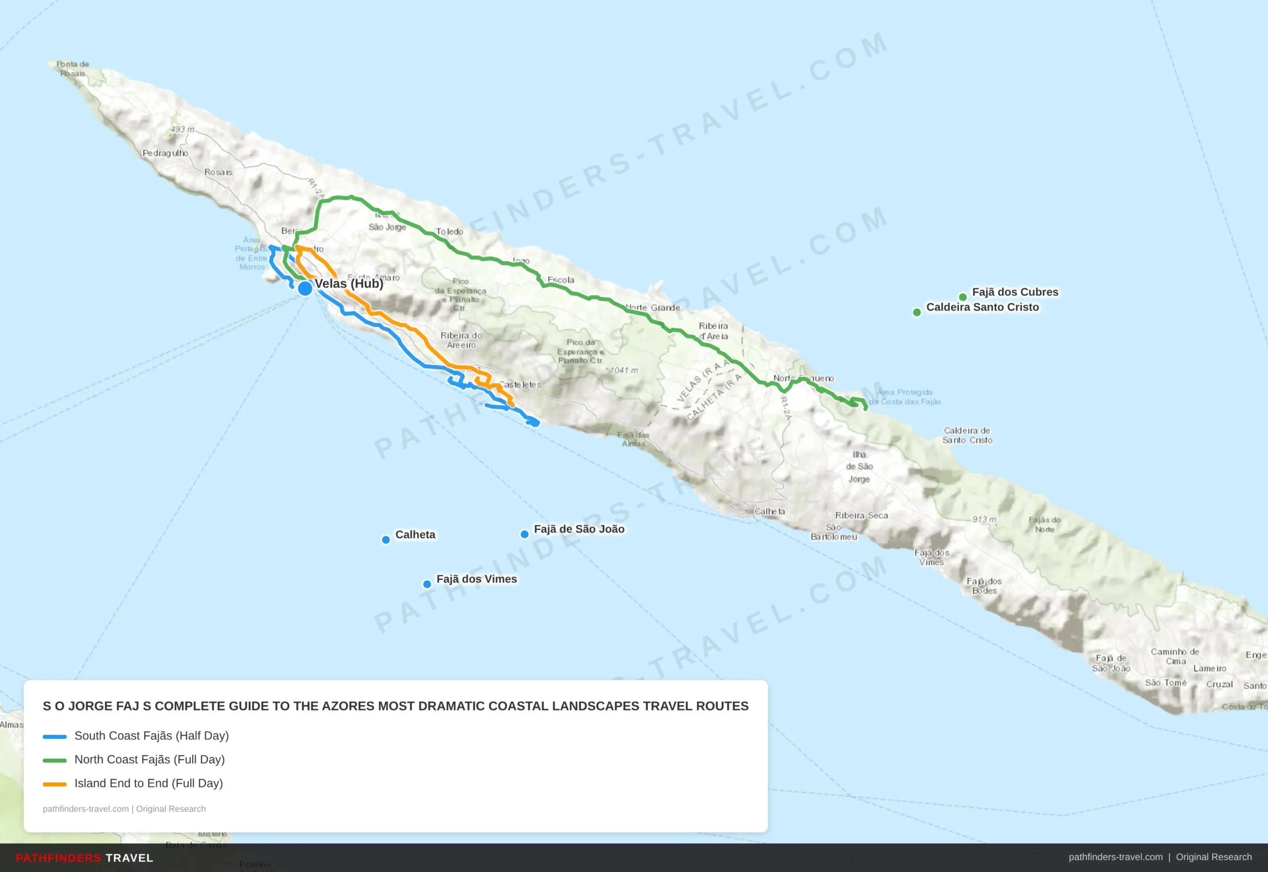 Map showing travel routes for São Jorge Fajãs: Complete Guide to the Azores' Most Dramatic Coastal Landscapes with road trip itineraries