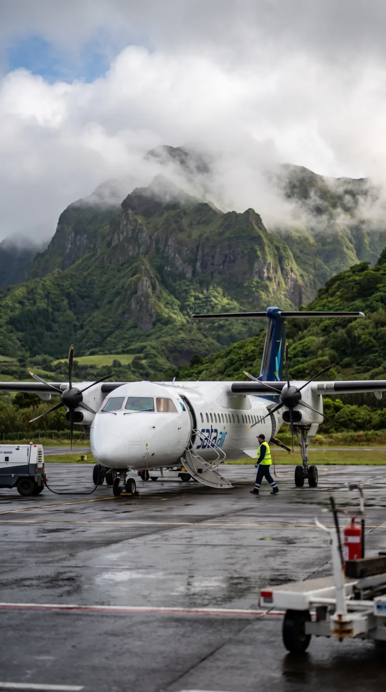 SATA Air Azores aircraft at Flores Island Airport with volcanic mountains in background