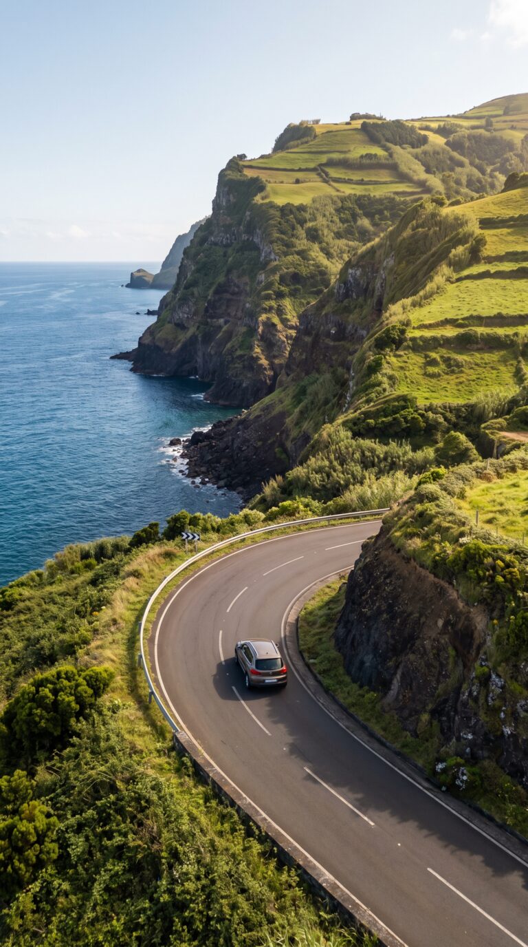 Scenic coastal road winding through Nordeste, Azores with ocean views