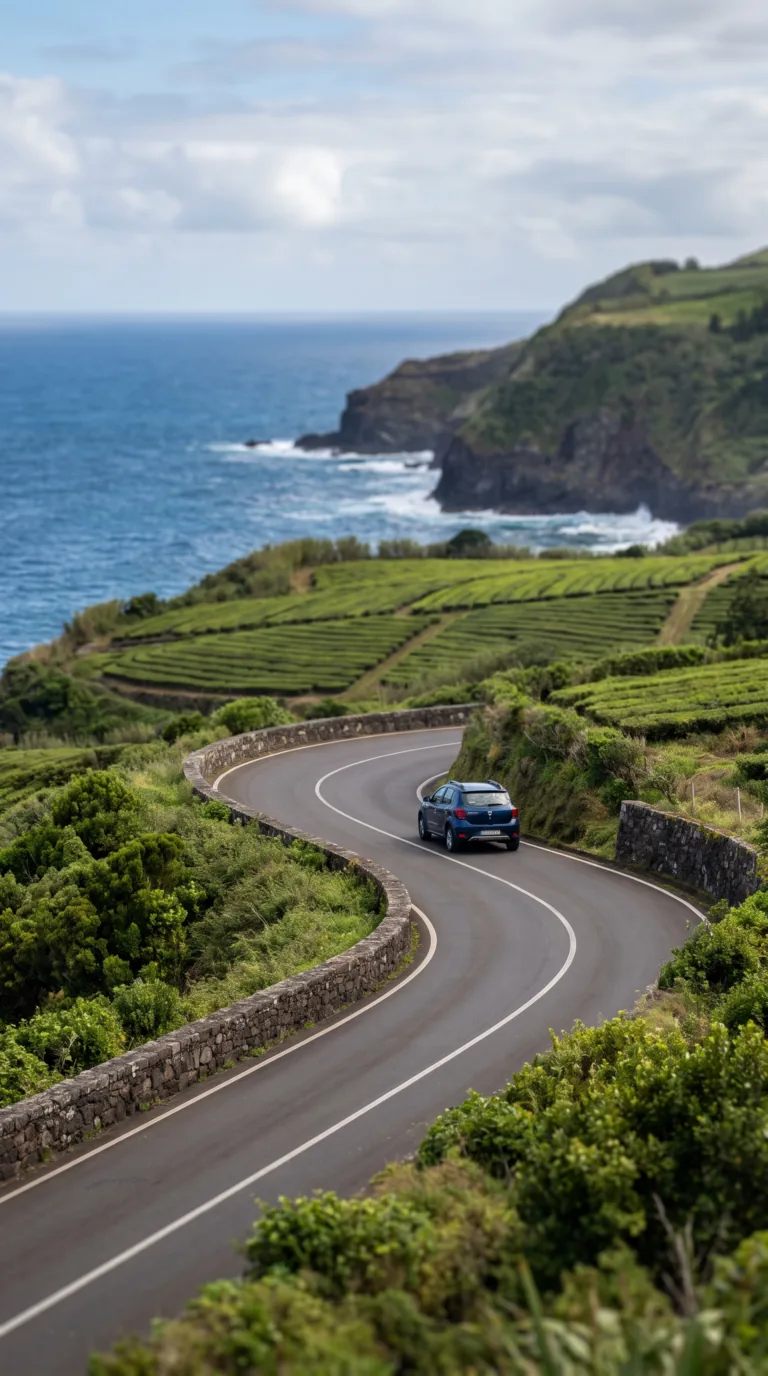 Scenic drive to Gorreana Tea Plantation along São Miguel's north coast road