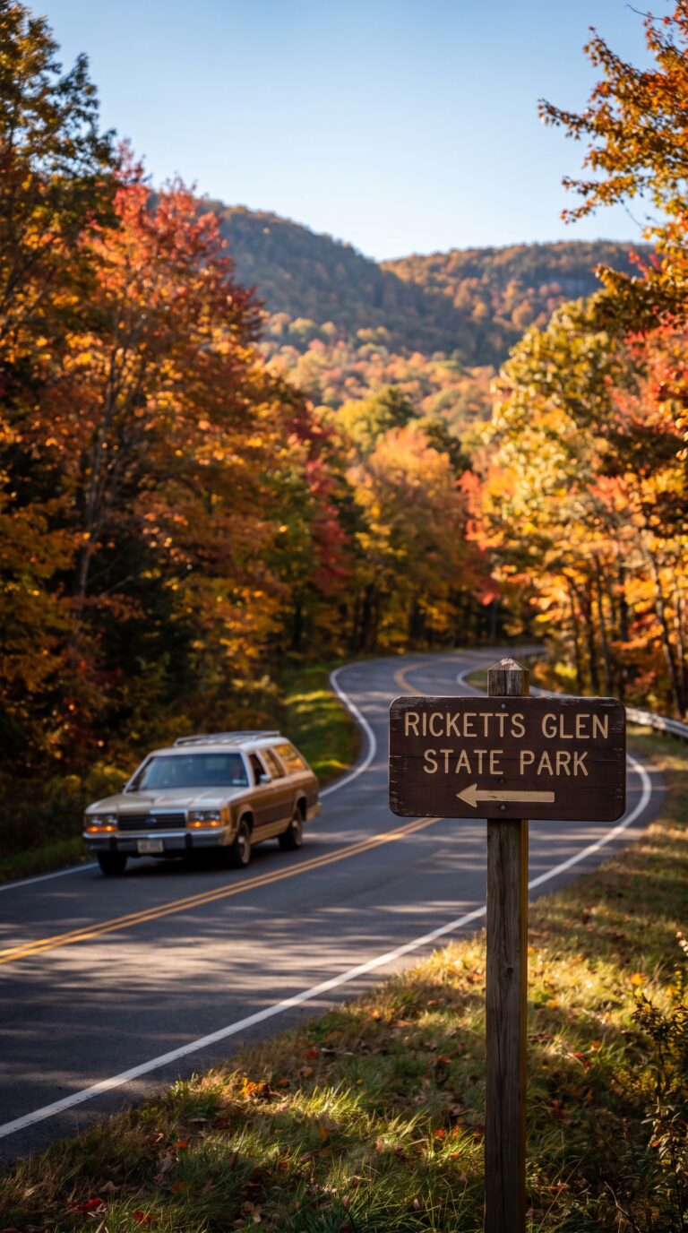 Scenic highway through Pennsylvania mountains approaching Ricketts Glen State Park