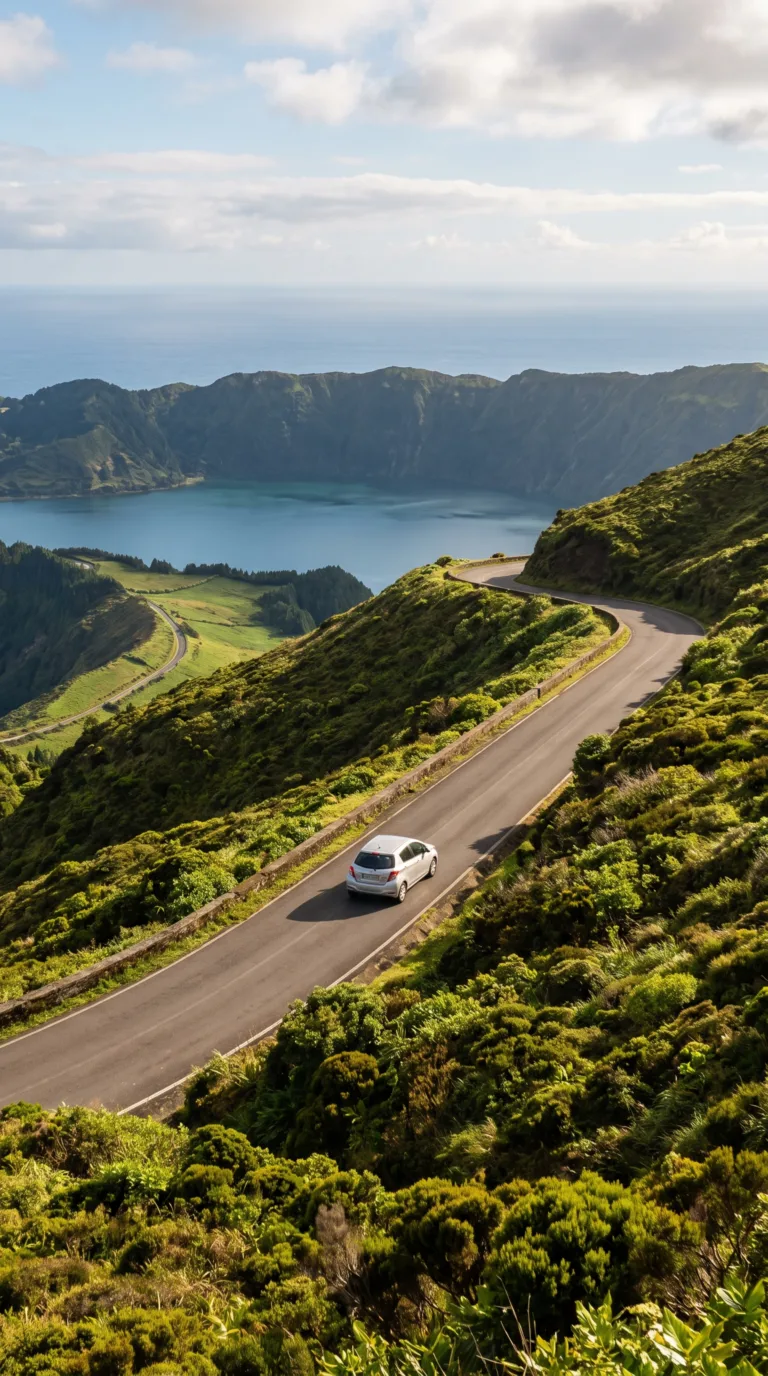 Scenic mountain road approaching Lagoa do Fogo viewpoint in São Miguel