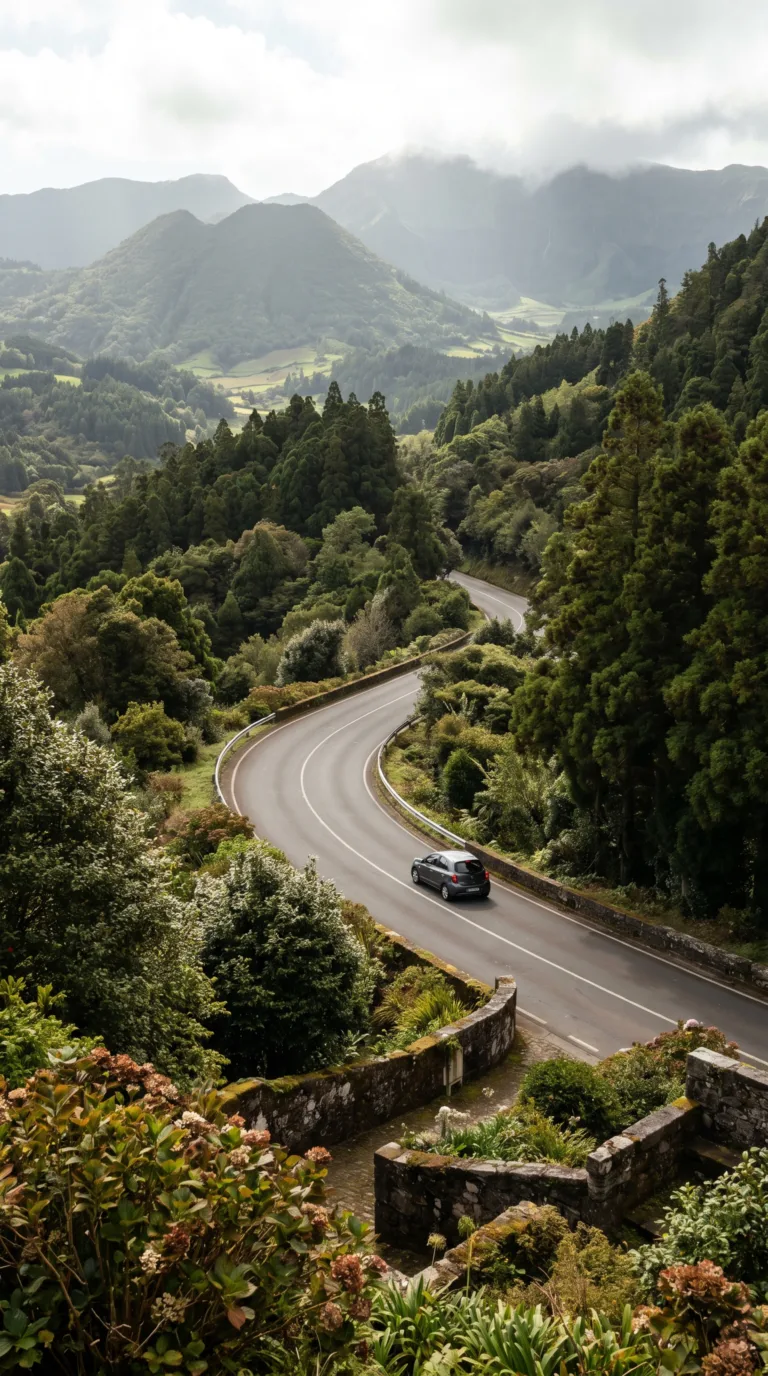 Scenic road through São Miguel countryside leading to Furnas valley, Azores