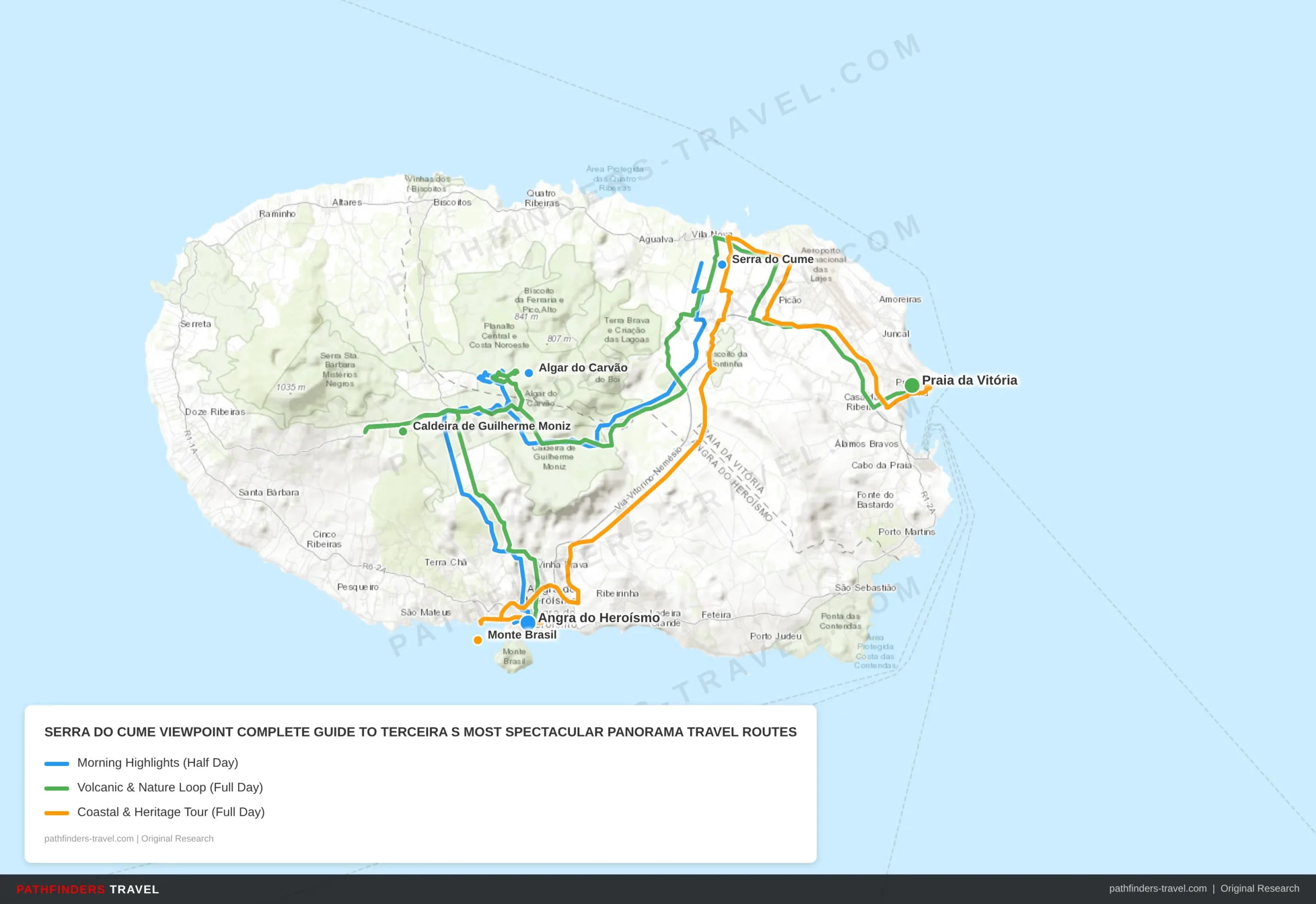 Map showing travel routes for Serra do Cume Viewpoint: Complete Guide to Terceira's Most Spectacular Panorama with road trip itineraries