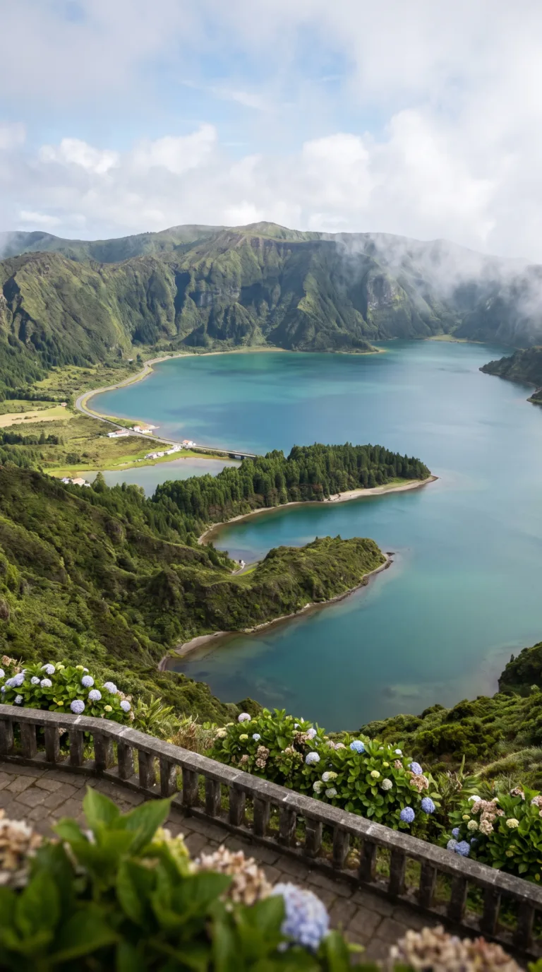 Sete Cidades twin lakes blue and green in volcanic crater, São Miguel, Azores