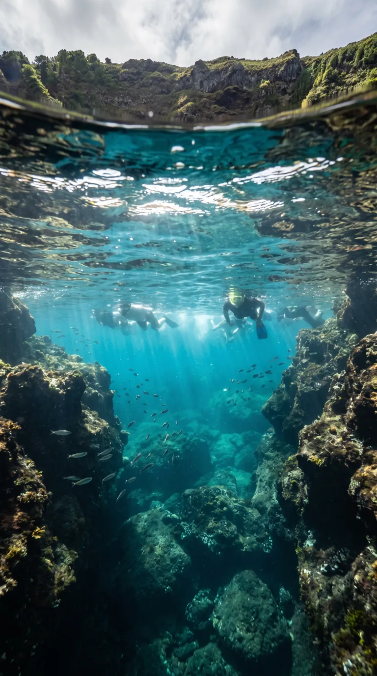 Snorkeling in the clear turquoise waters of Vila Franca Islet volcanic crater lagoon