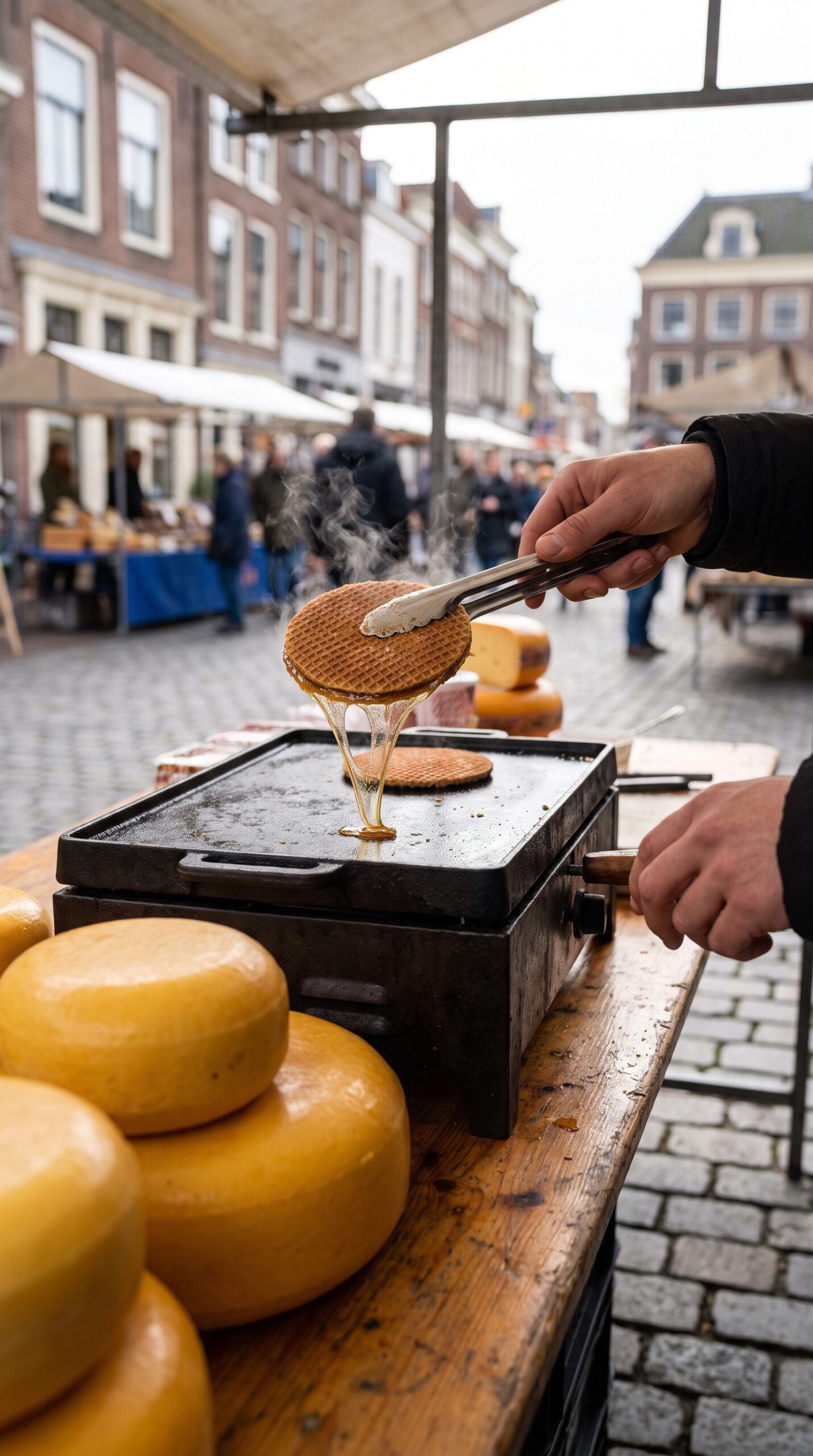 Fresh warm stroopwafel at a market stall in Gouda Netherlands with cheese nearby