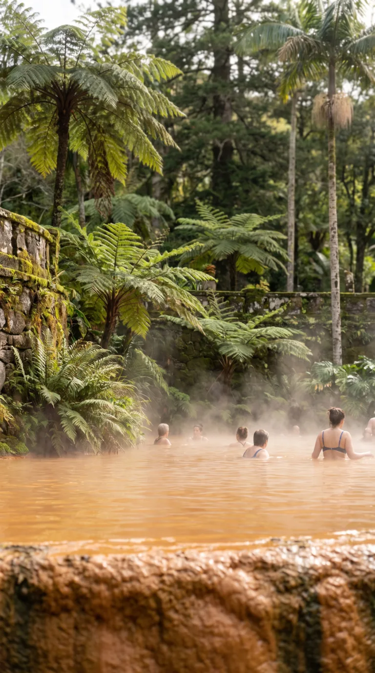 Terra Nostra Park thermal pool with orange water surrounded by botanical gardens in Furnas