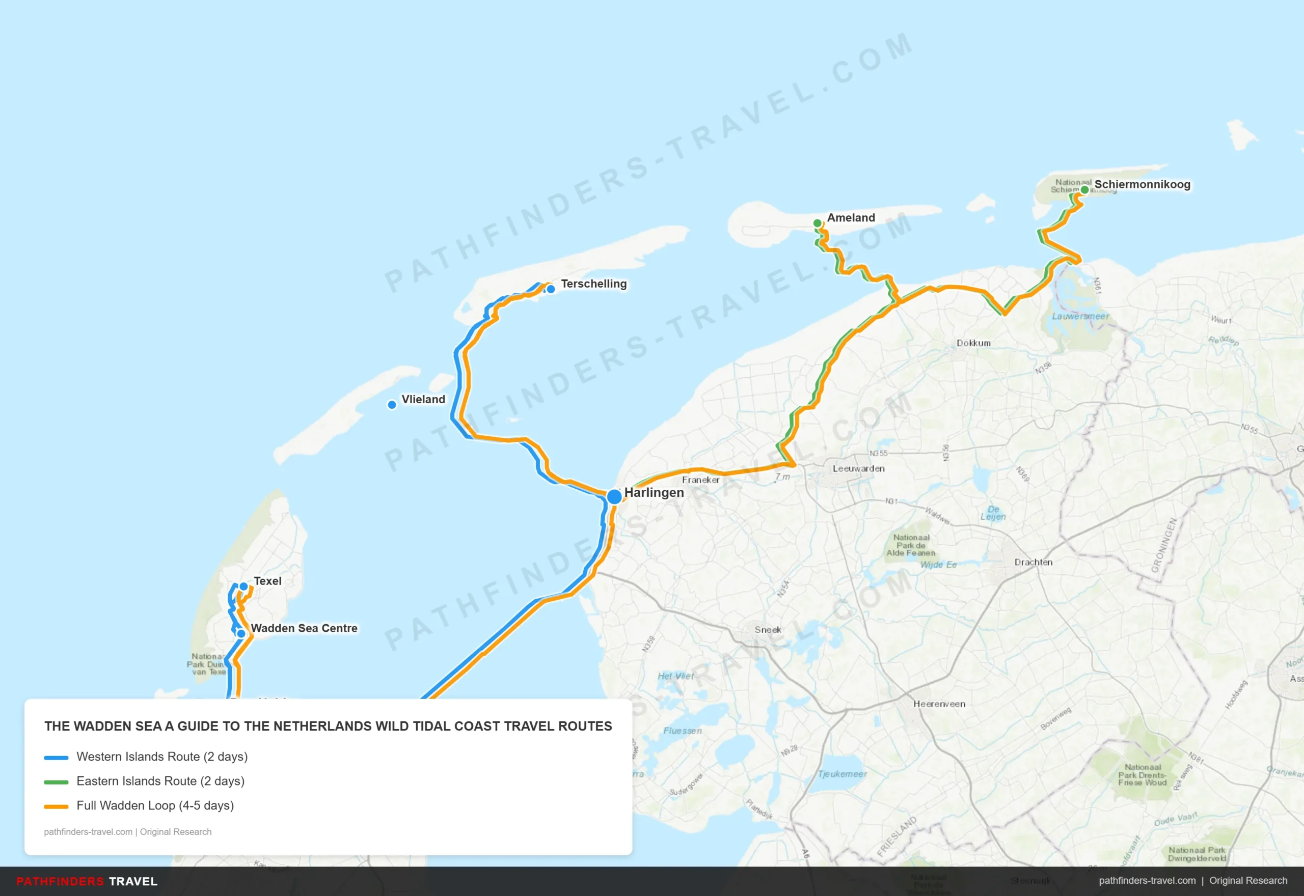 Map showing travel routes for The Wadden Sea: A Guide to the Netherlands' Wild Tidal Coast with road trip itineraries
