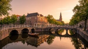 Leiden canal at golden hour with historic brick houses, a stone bridge and the Pieterskerk tower