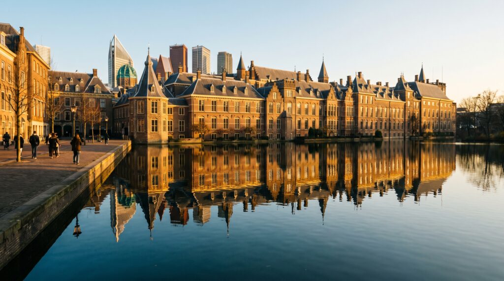 The Binnenhof and Hofvijver lake in The Hague, Netherlands at golden hour
