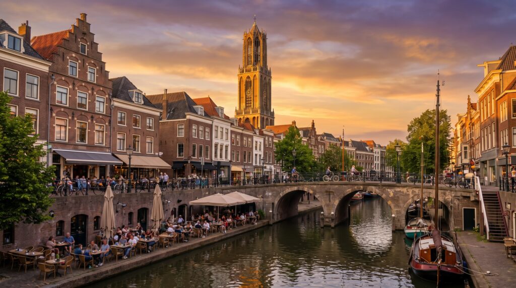 The Dom Tower above the wharf canals of Utrecht, Netherlands at golden hour