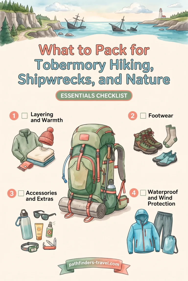 Top Tobermory For Hiking, Shipwrecks, And Nature packing checklist infographic: Layering and Warmth, Footwear, Accessories and Extras