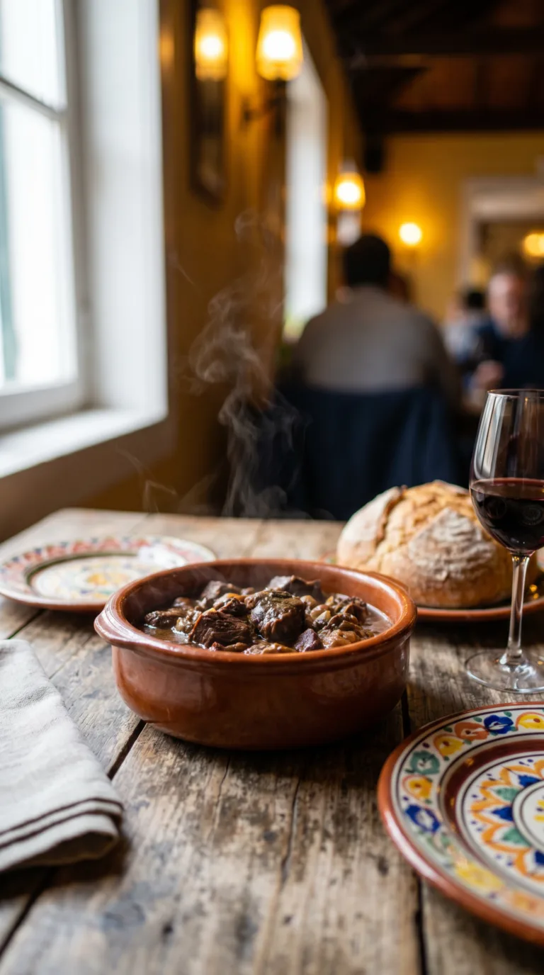 Traditional Azorean alcatra beef stew in clay pot served at restaurant in Angra do Heroísmo Terceira