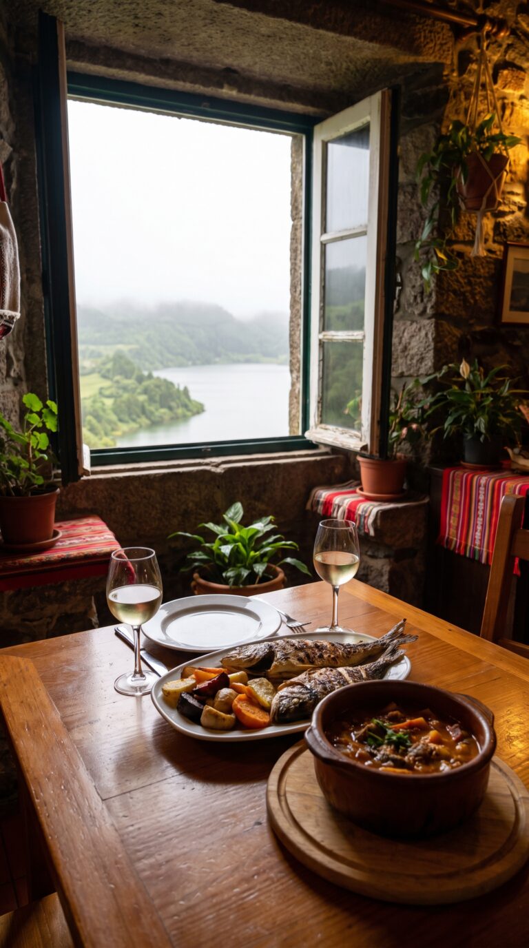 Traditional Azorean cuisine served at restaurant near Sete Cidades lakes