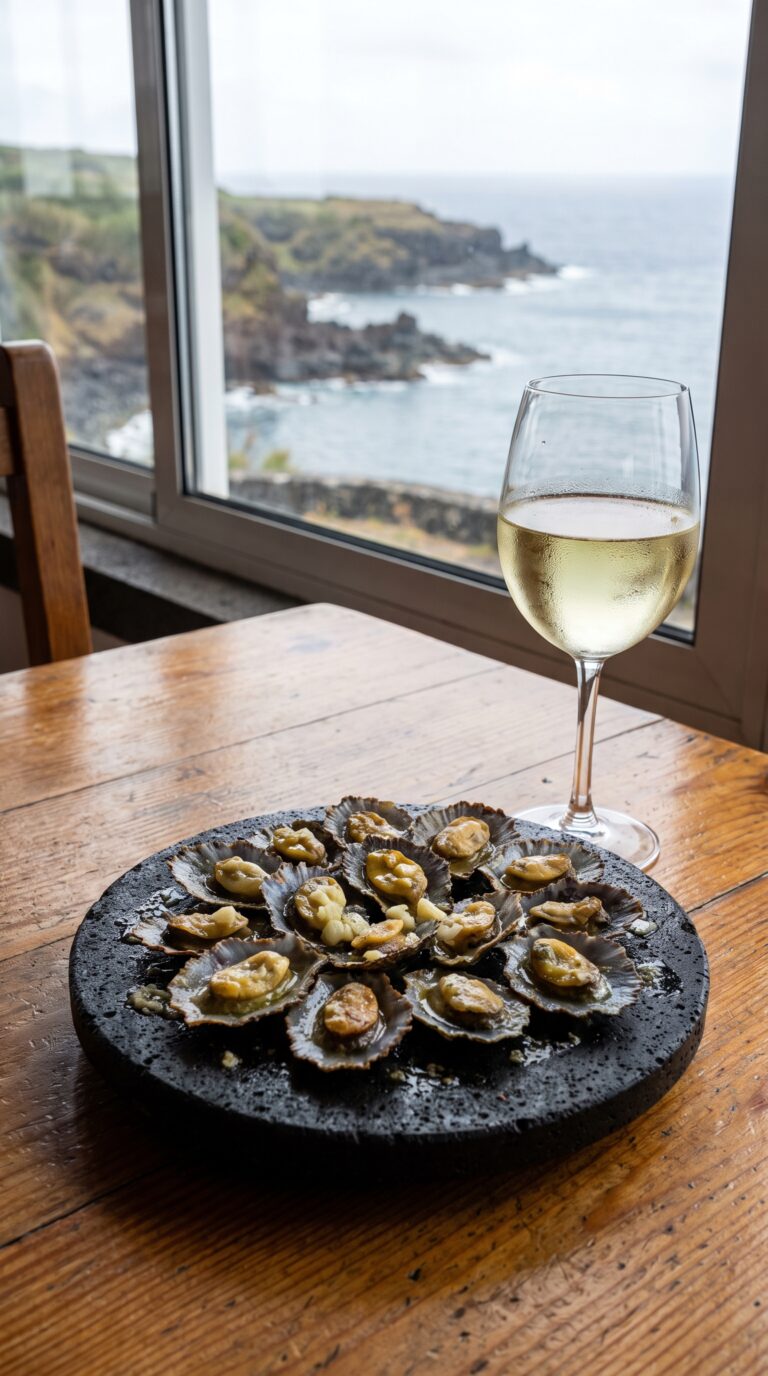 Traditional Azorean lapas seafood with local Pico wine pairing