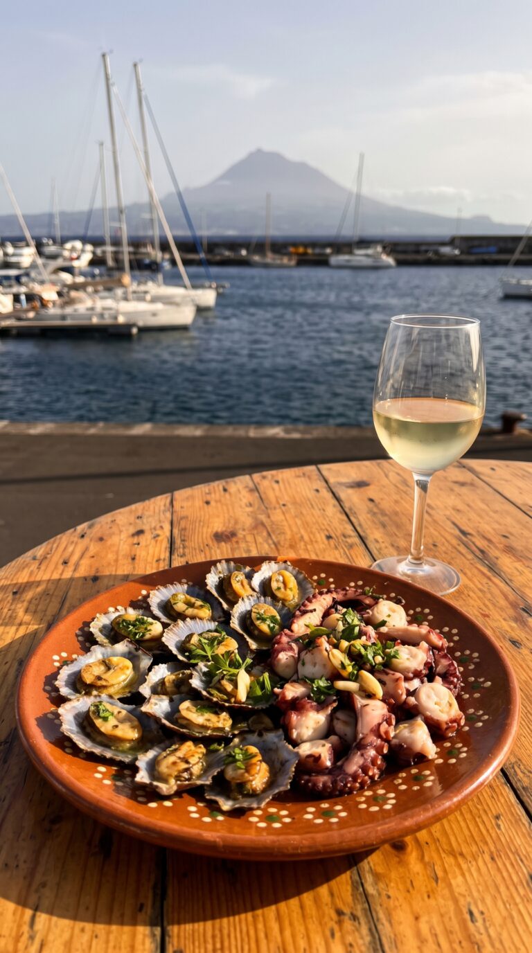 Traditional Azorean seafood dish at waterfront restaurant in Horta