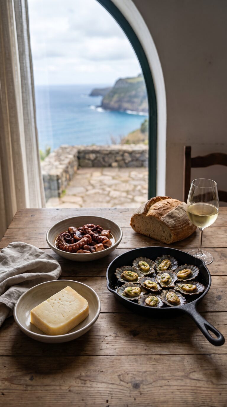 Traditional Azorean seafood platter with limpets and octopus on Flores Island, Portugal