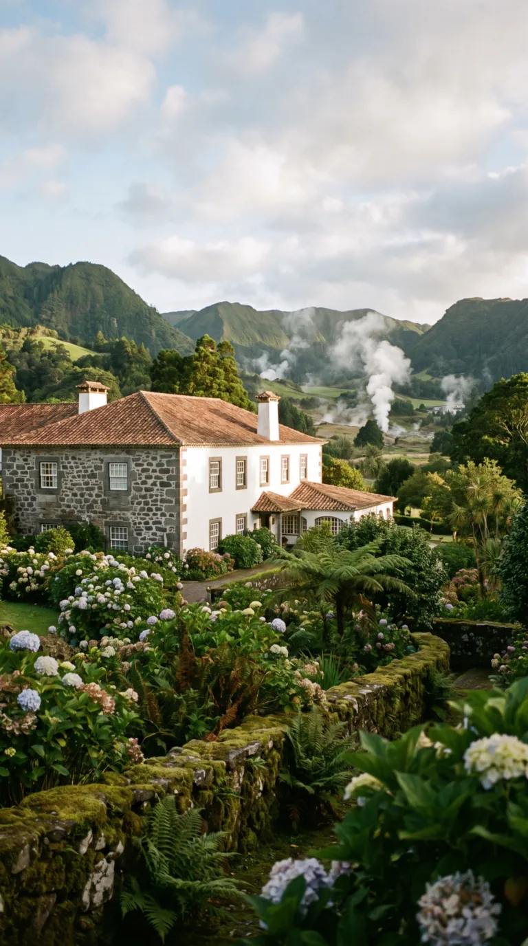 Traditional hotel accommodation in Furnas valley surrounded by gardens and volcanic landscape