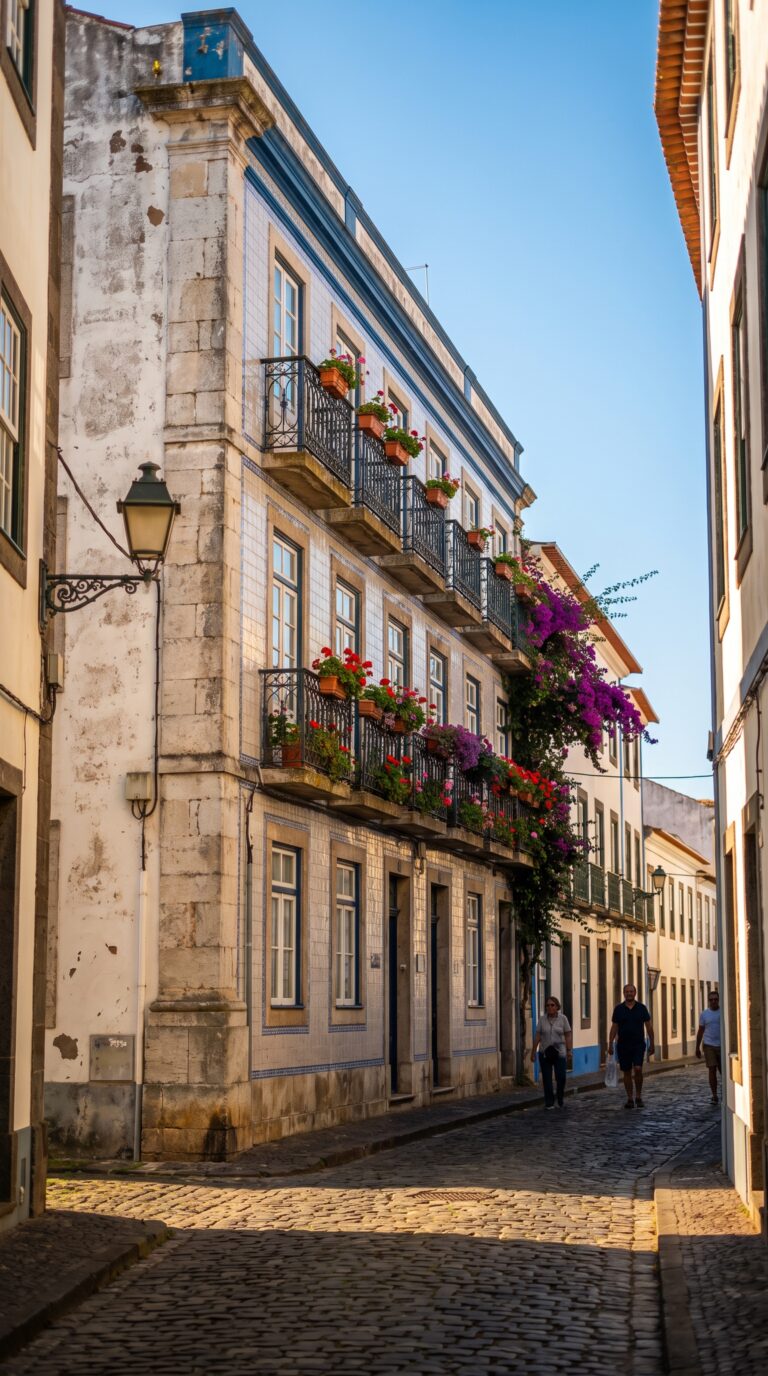 Traditional Portuguese hotel with colorful facade in Angra do Heroísmo historic center Terceira Azores