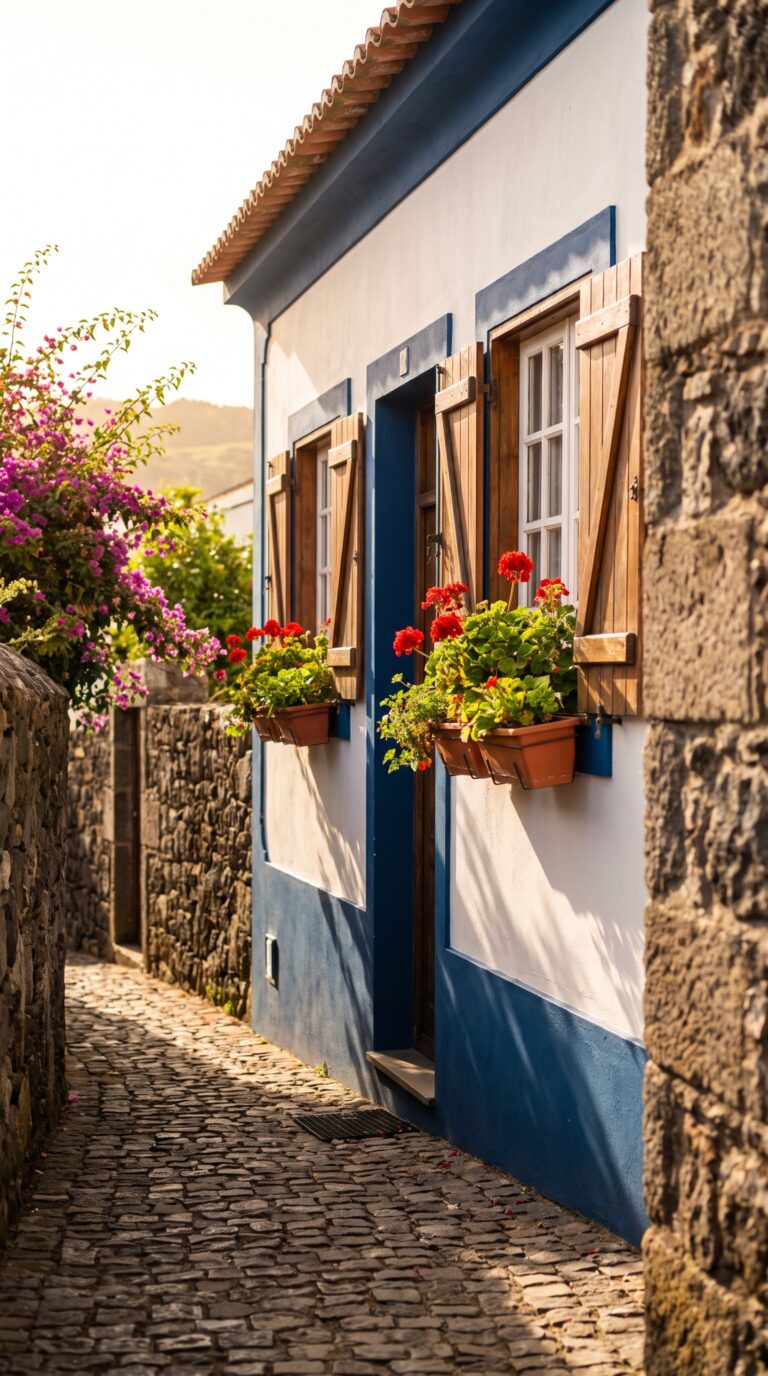 Traditional white-washed guesthouse in Santa Cruz da Graciosa with colorful architectural details