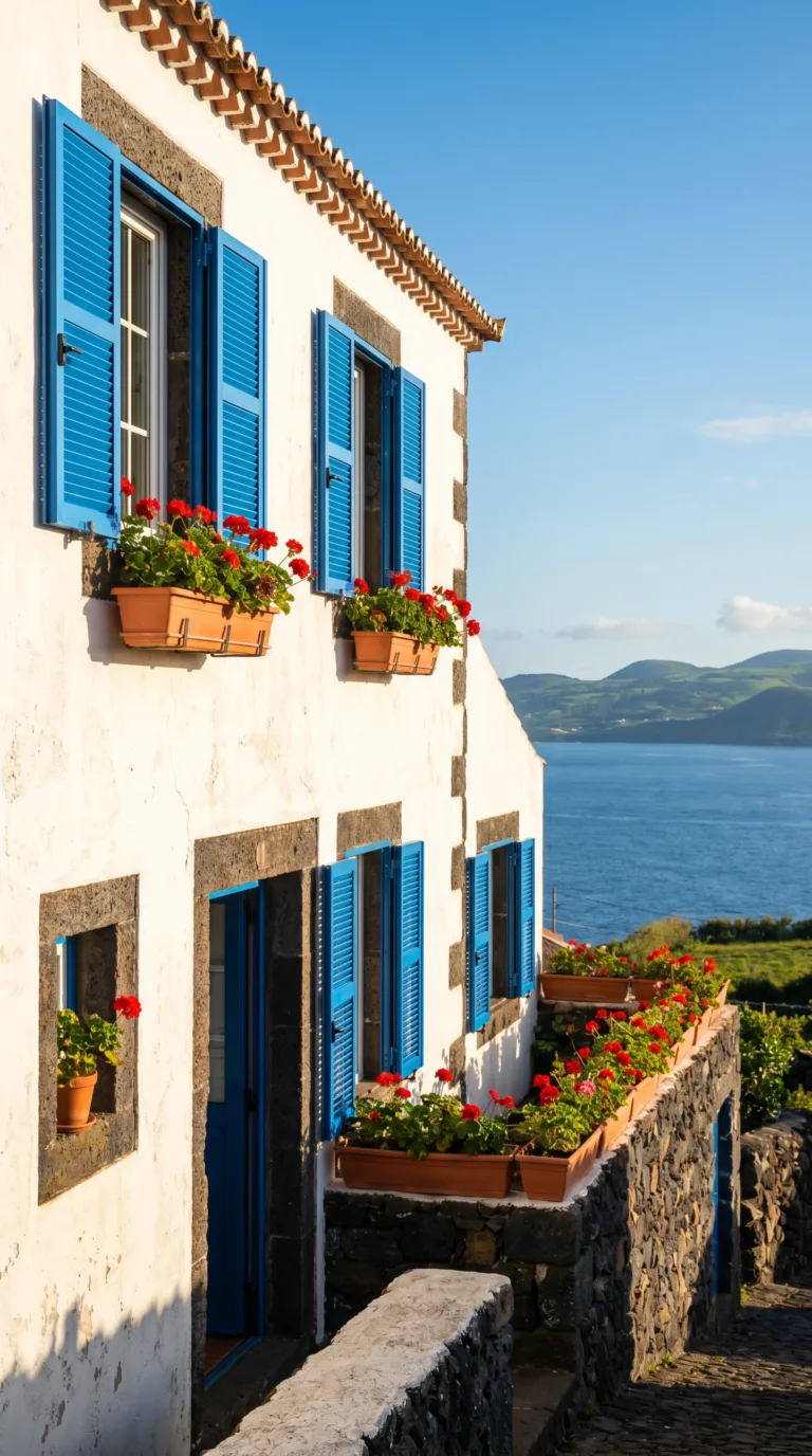 Traditional white-washed guesthouse with ocean views on Santa Maria Island, Azores