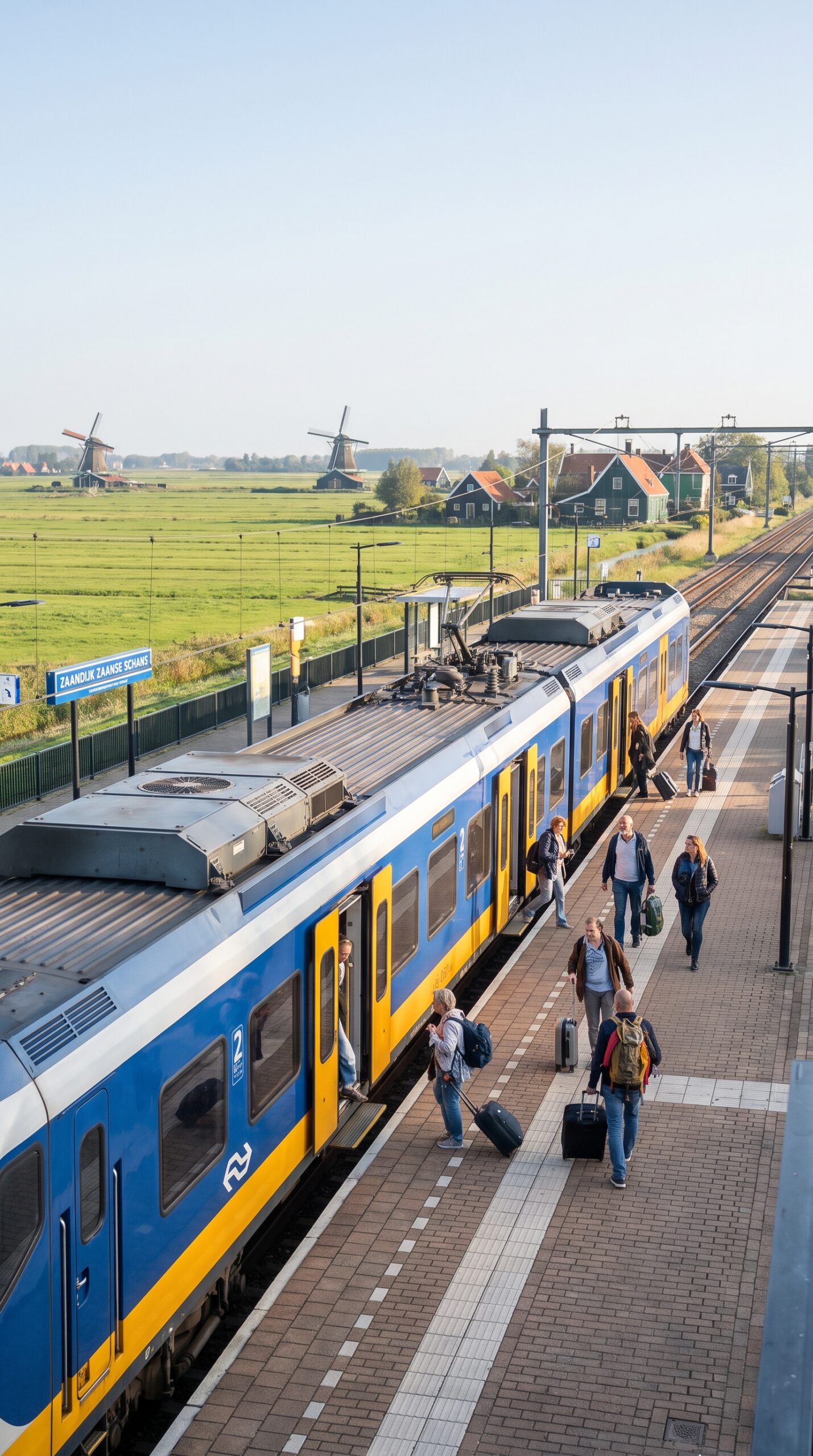 Dutch train at Zaandijk Zaanse Schans station on a clear day