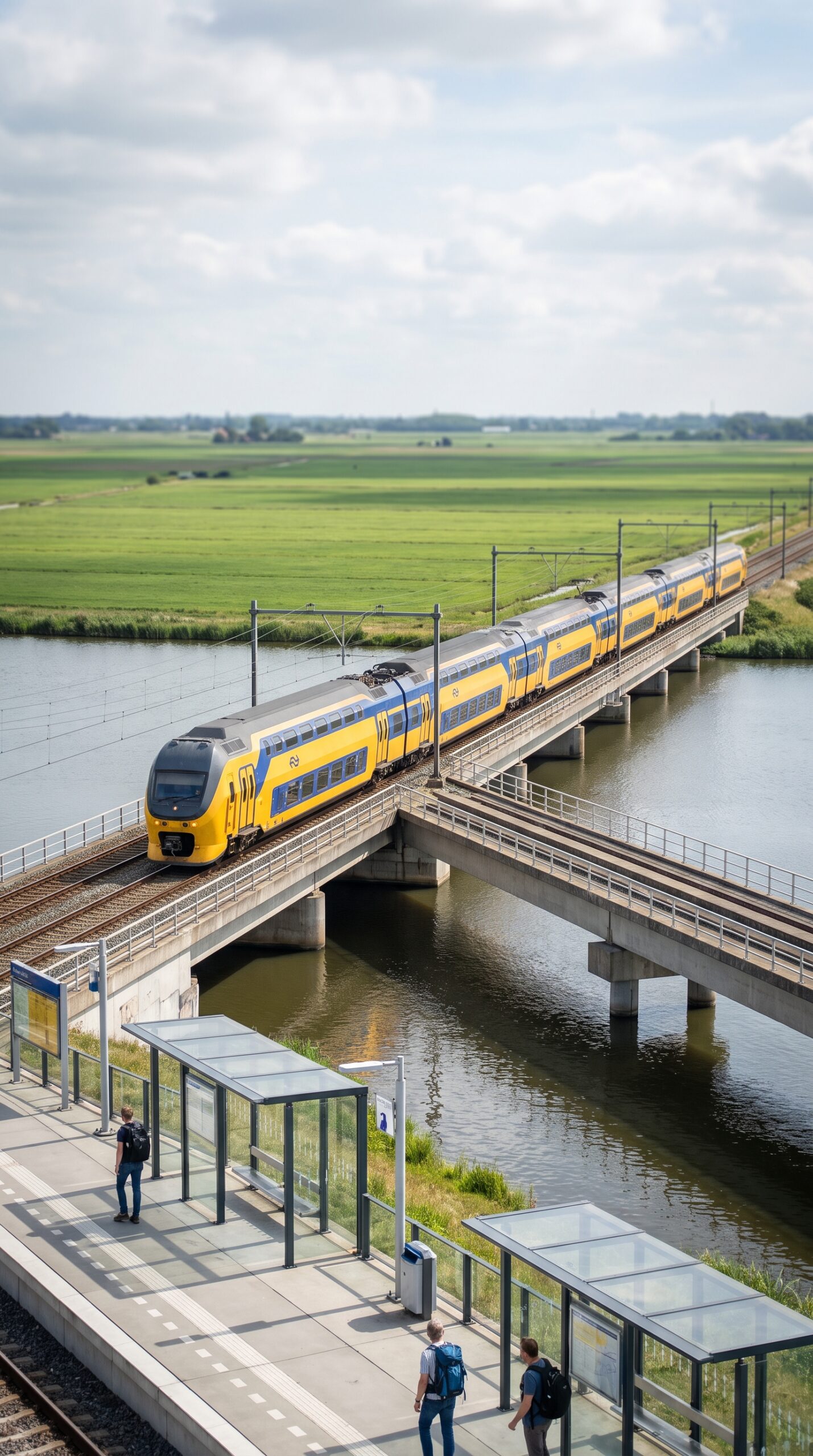 Dutch intercity train crossing water into flat Flevoland on a clear day