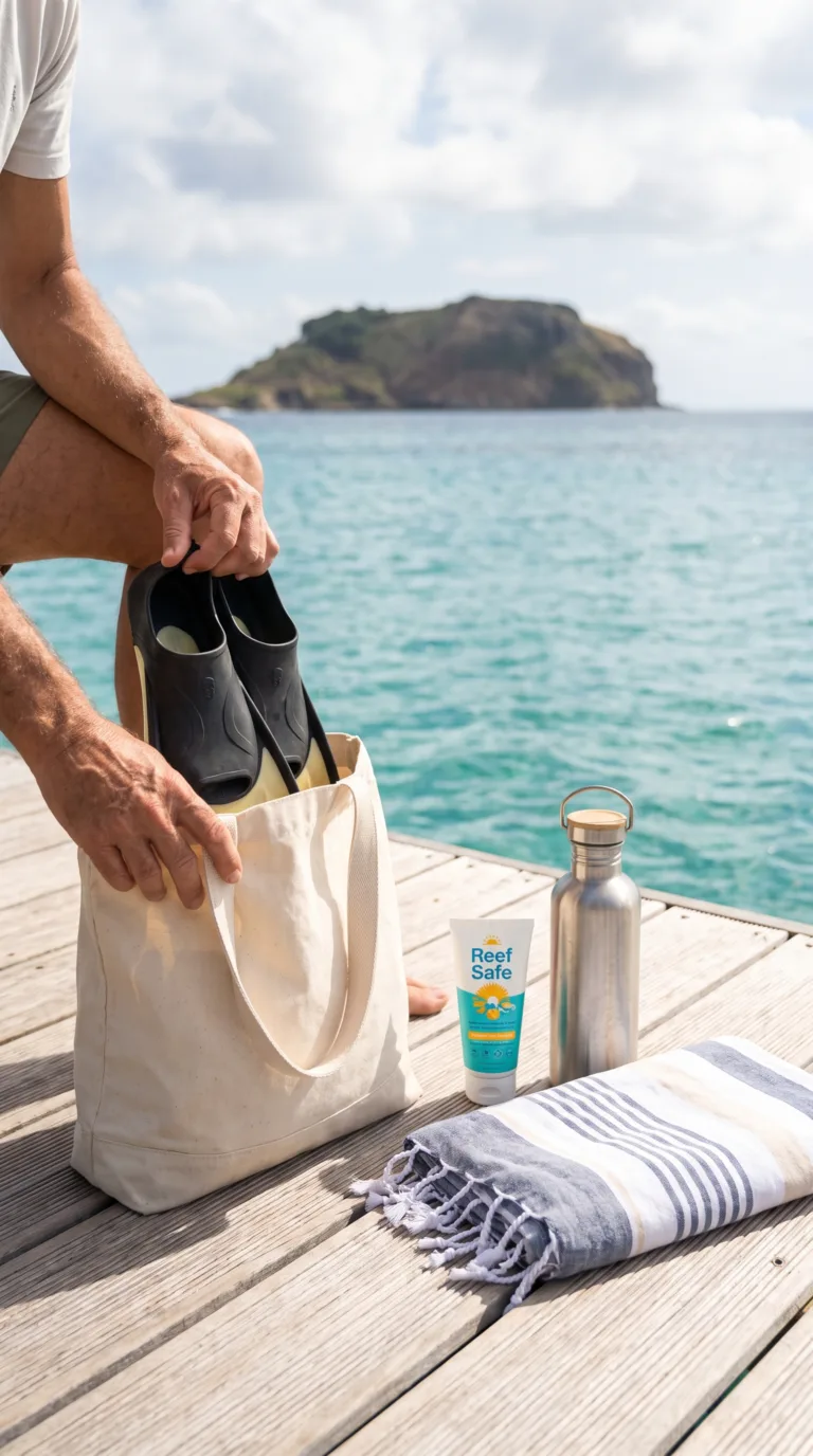 Travel essentials and snorkel gear prepared for visiting Vila Franca Islet nature reserve