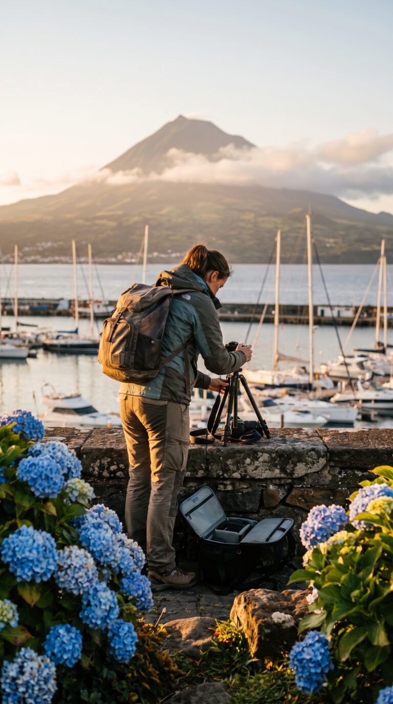 Traveler at Horta marina viewpoint with Mount Pico in background, Faial Island