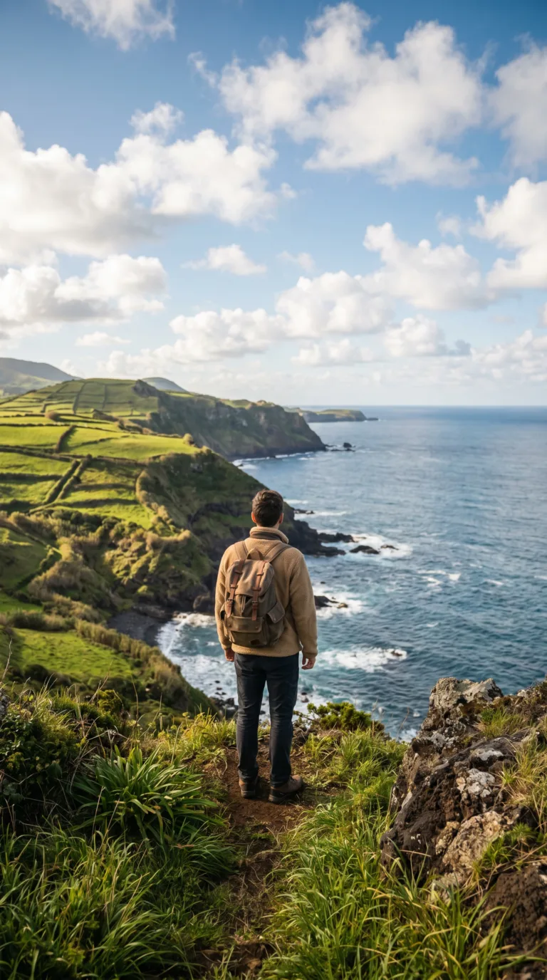 Traveler enjoying coastal viewpoint with ocean panorama on Santa Maria Island, Azores