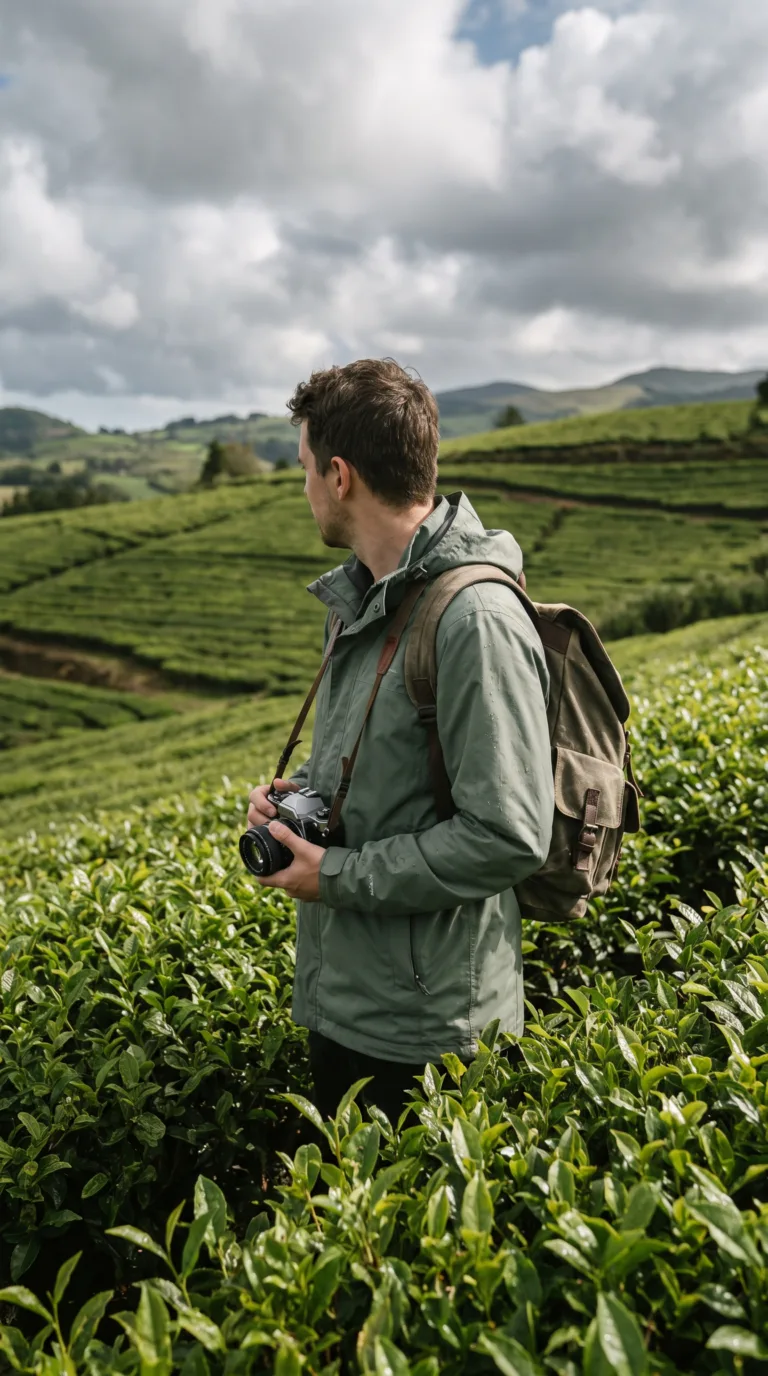 Traveler exploring Gorreana Tea Plantation fields in typical Azores weather, São Miguel
