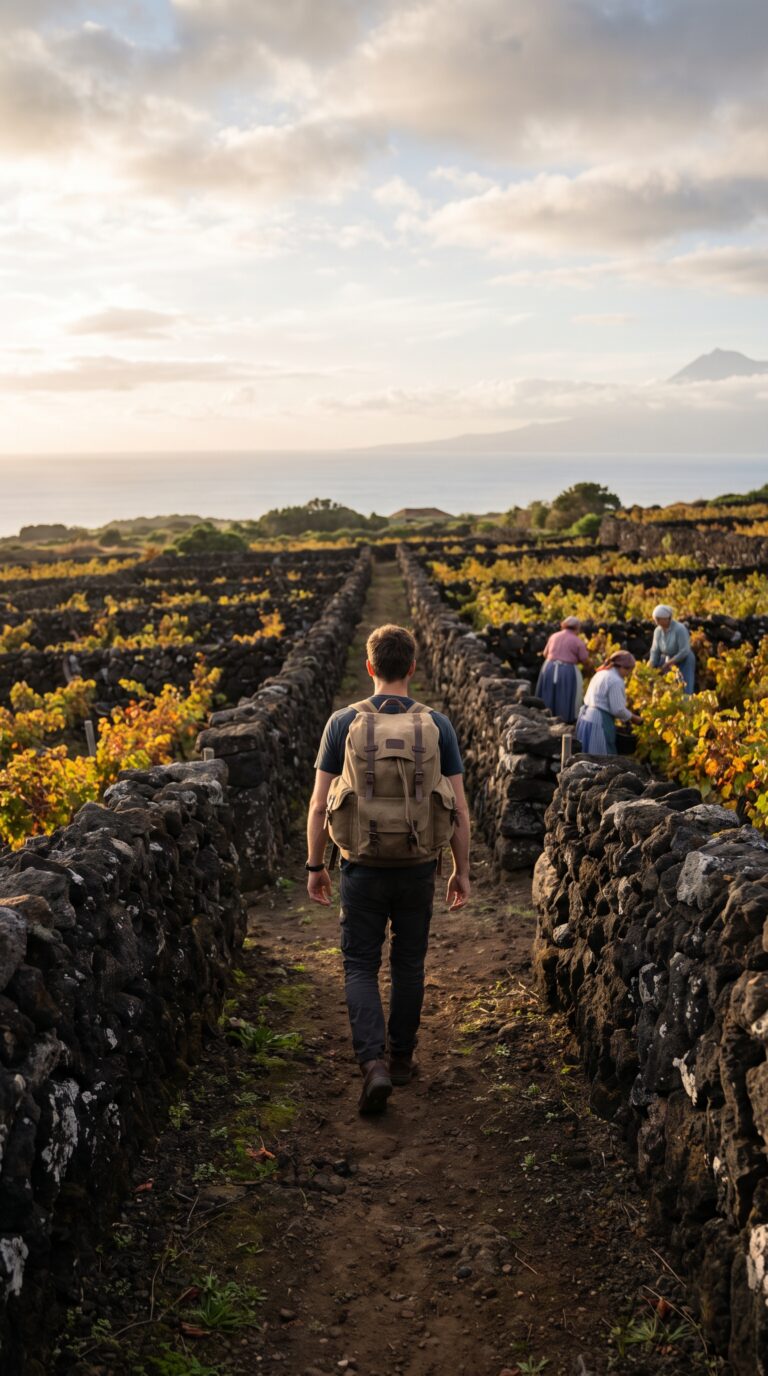 Traveler exploring Pico vineyards during autumn harvest season