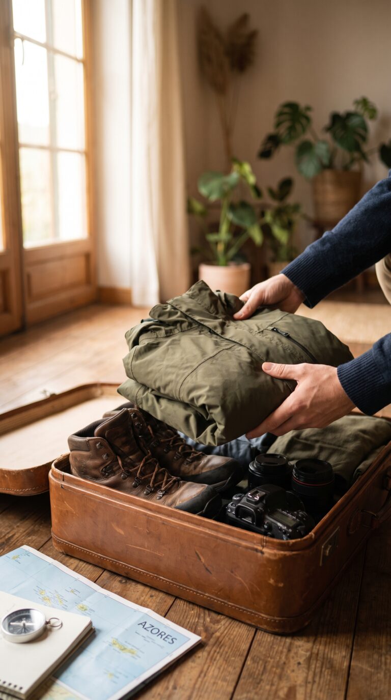 Traveler packing rain gear and hiking equipment for a Ponta Delgada trip to the Azores