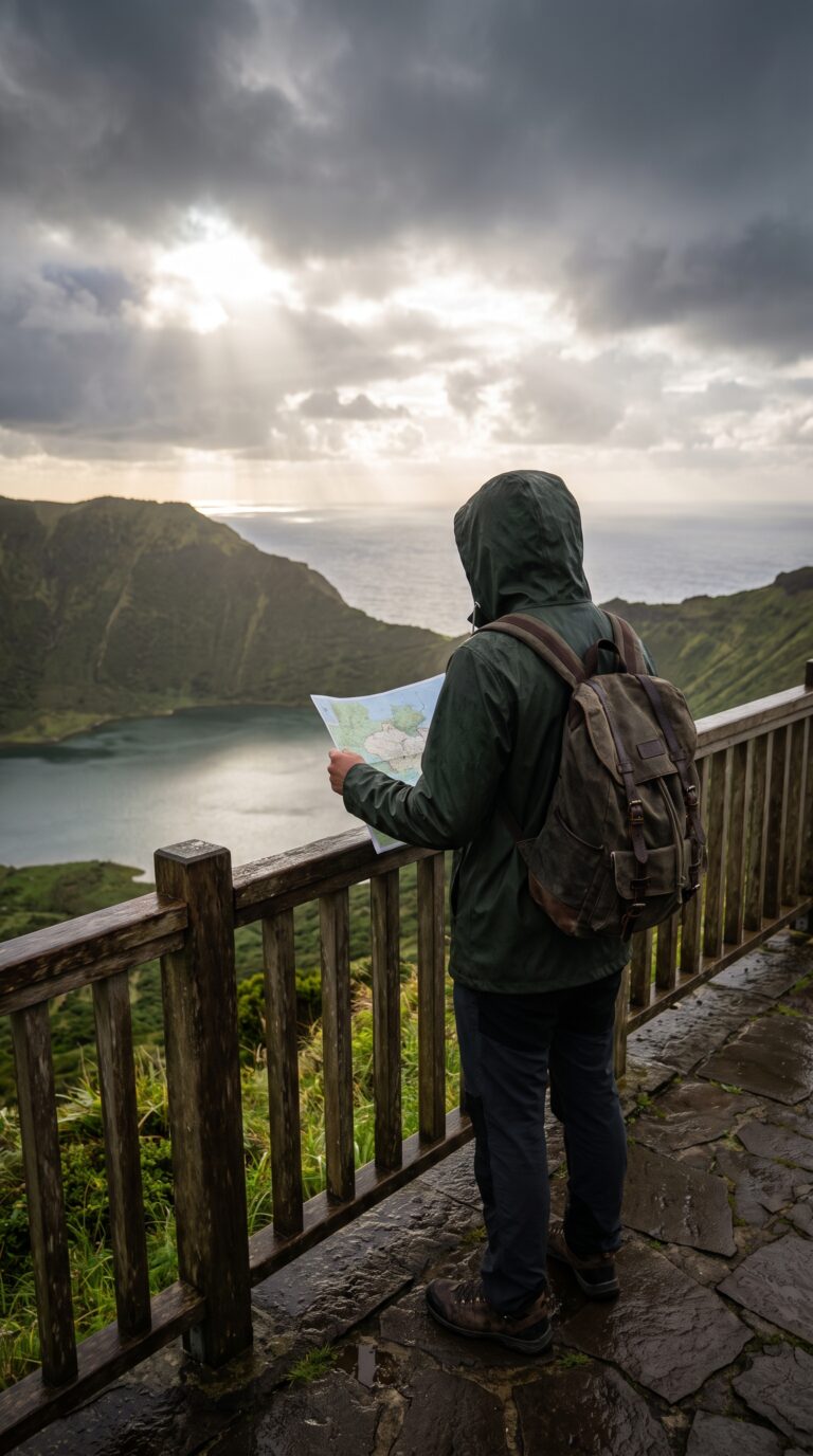 Traveler prepared for changeable weather at Caldeirão viewpoint, Corvo Island, Azores