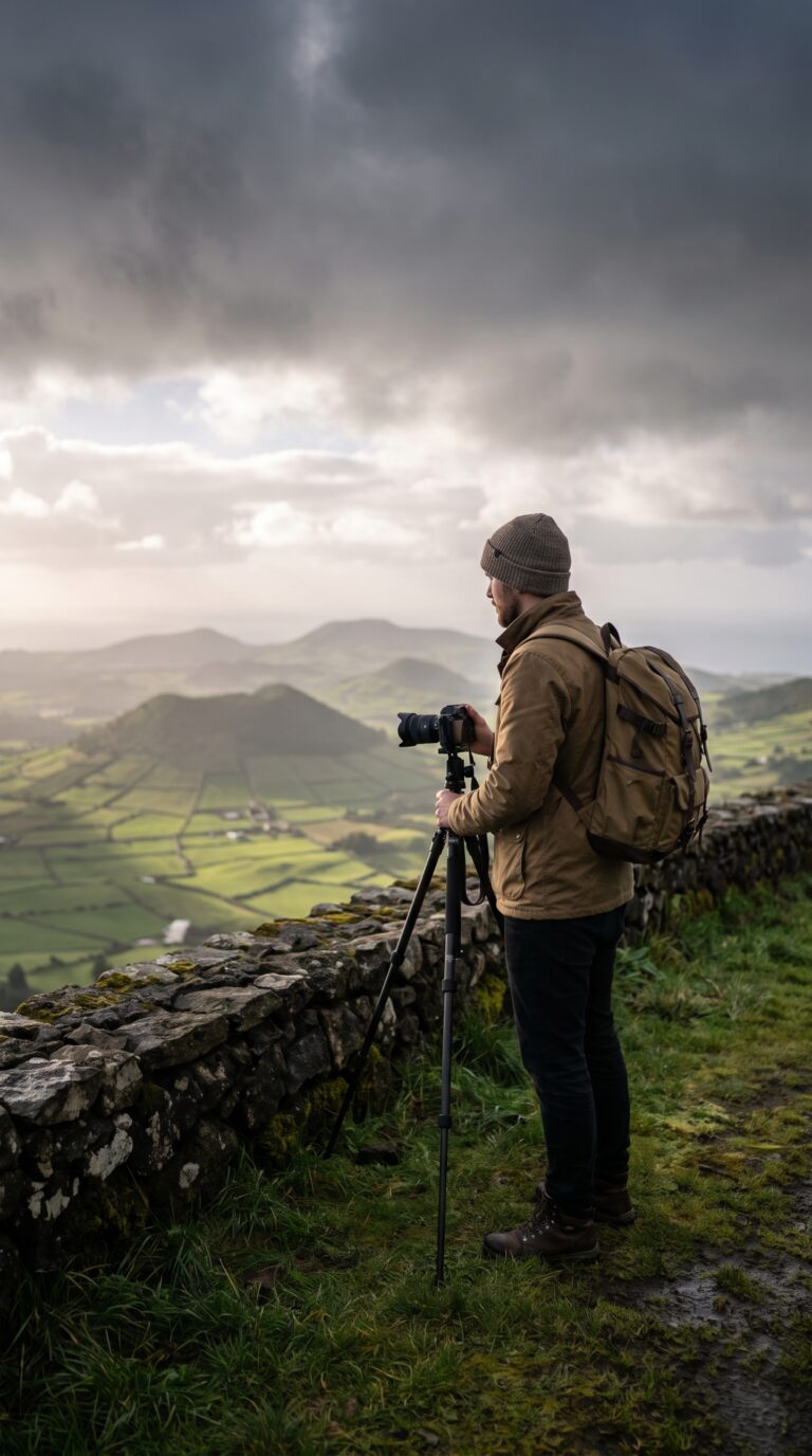 Traveler prepared for changeable weather at Serra do Cume viewpoint, Terceira