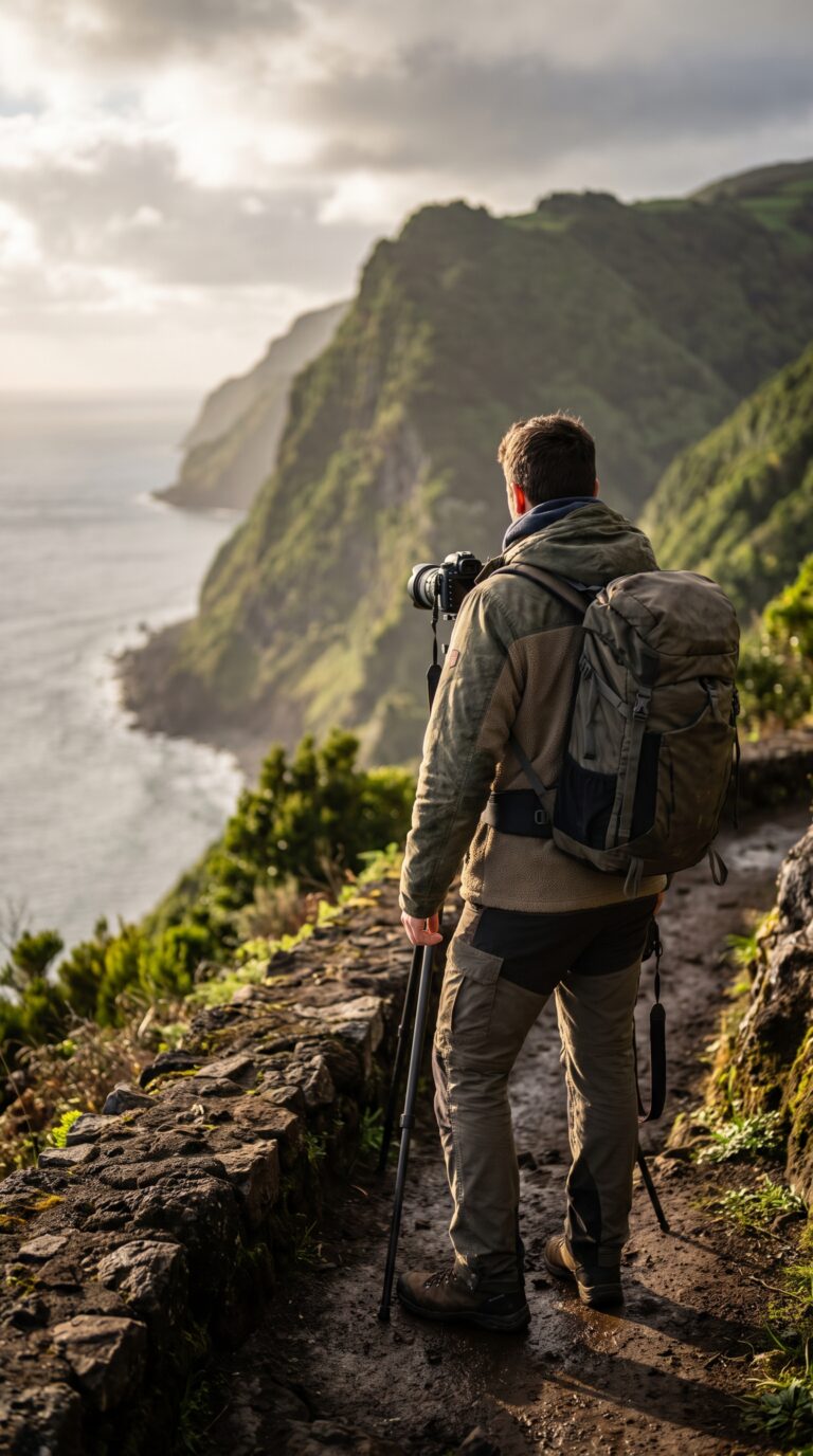 Traveler preparing for hiking at coastal viewpoint in Nordeste, Azores