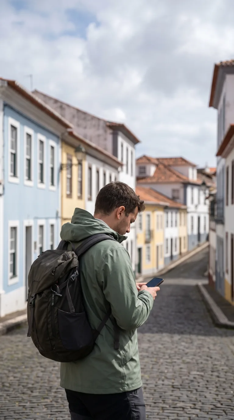 Traveler preparing for variable weather in Angra do Heroísmo historic center Terceira Azores