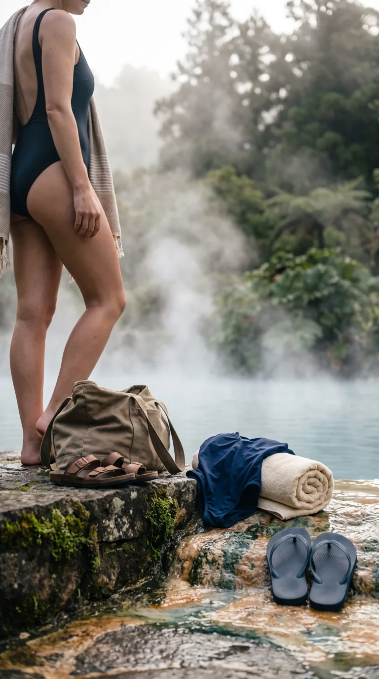 Traveler preparing thermal bath essentials for Furnas hot springs visit, Azores