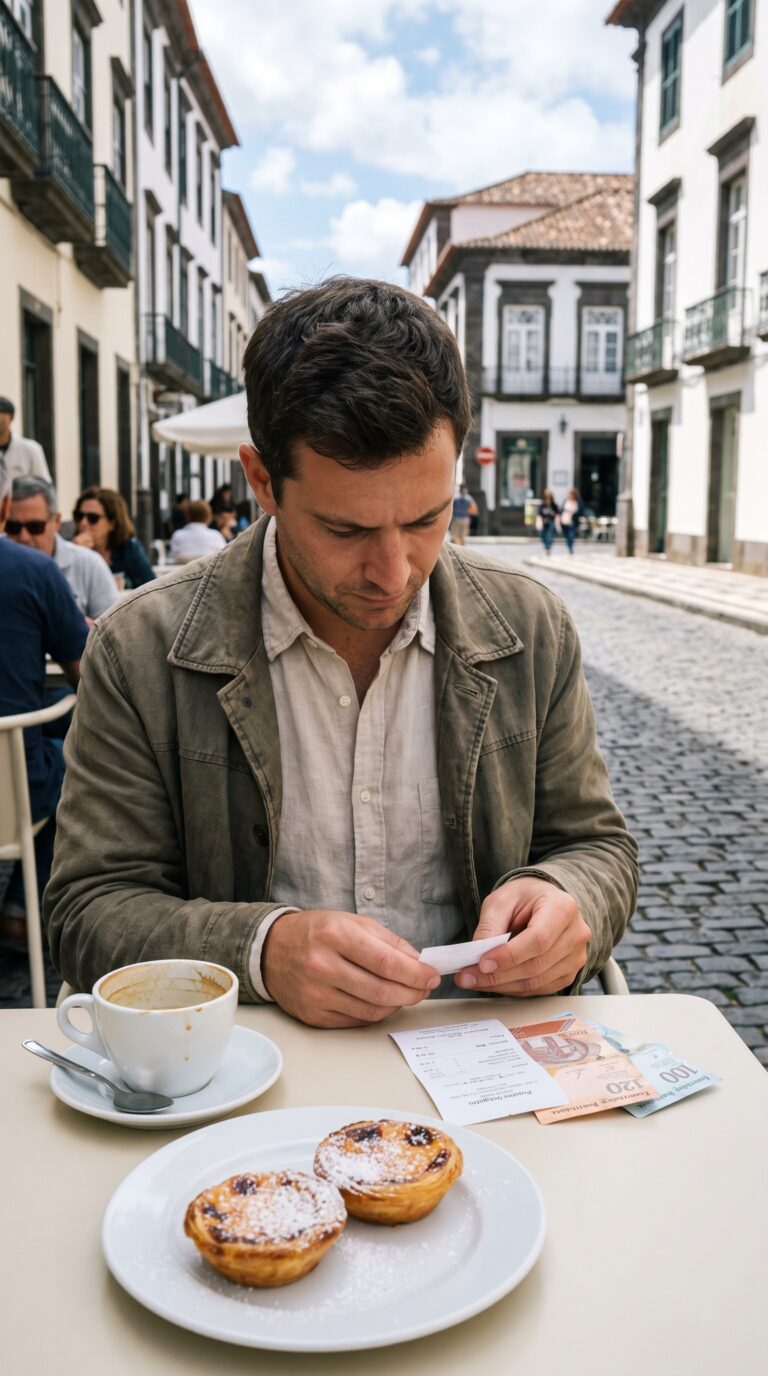 Traveler reviewing expenses at a Ponta Delgada café with euro currency and Portuguese pastries