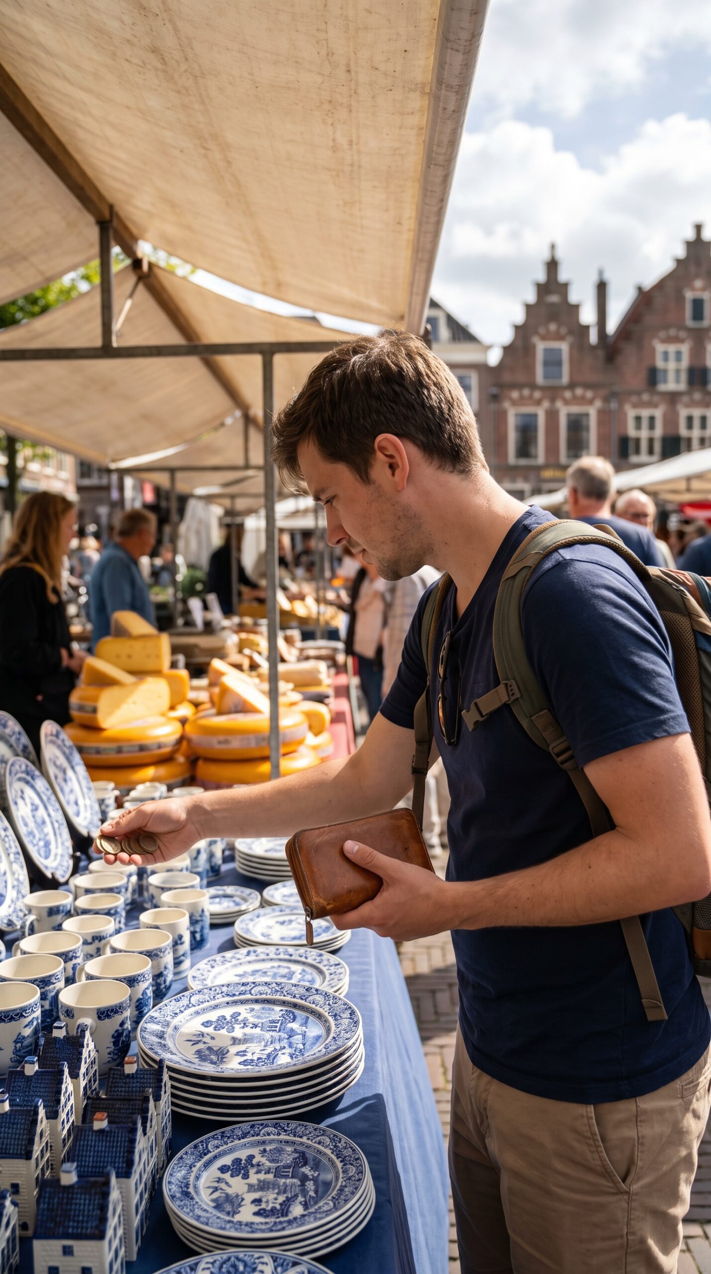 Traveler at a Delft Netherlands market stall with ceramics and cheese