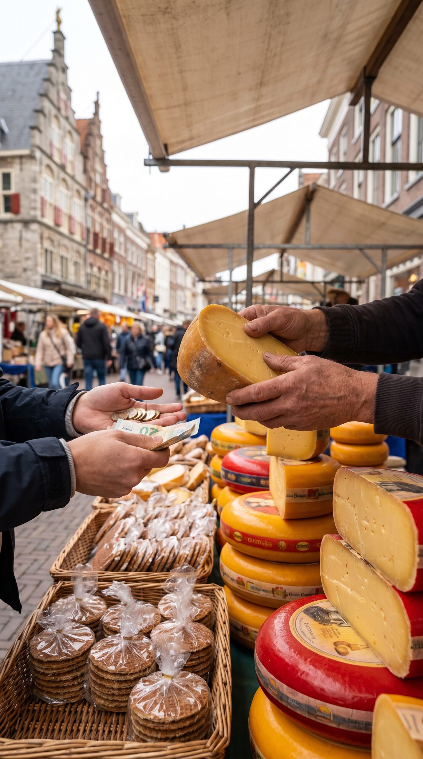 Traveler buying a wedge of Gouda cheese at a market stall in Gouda Netherlands