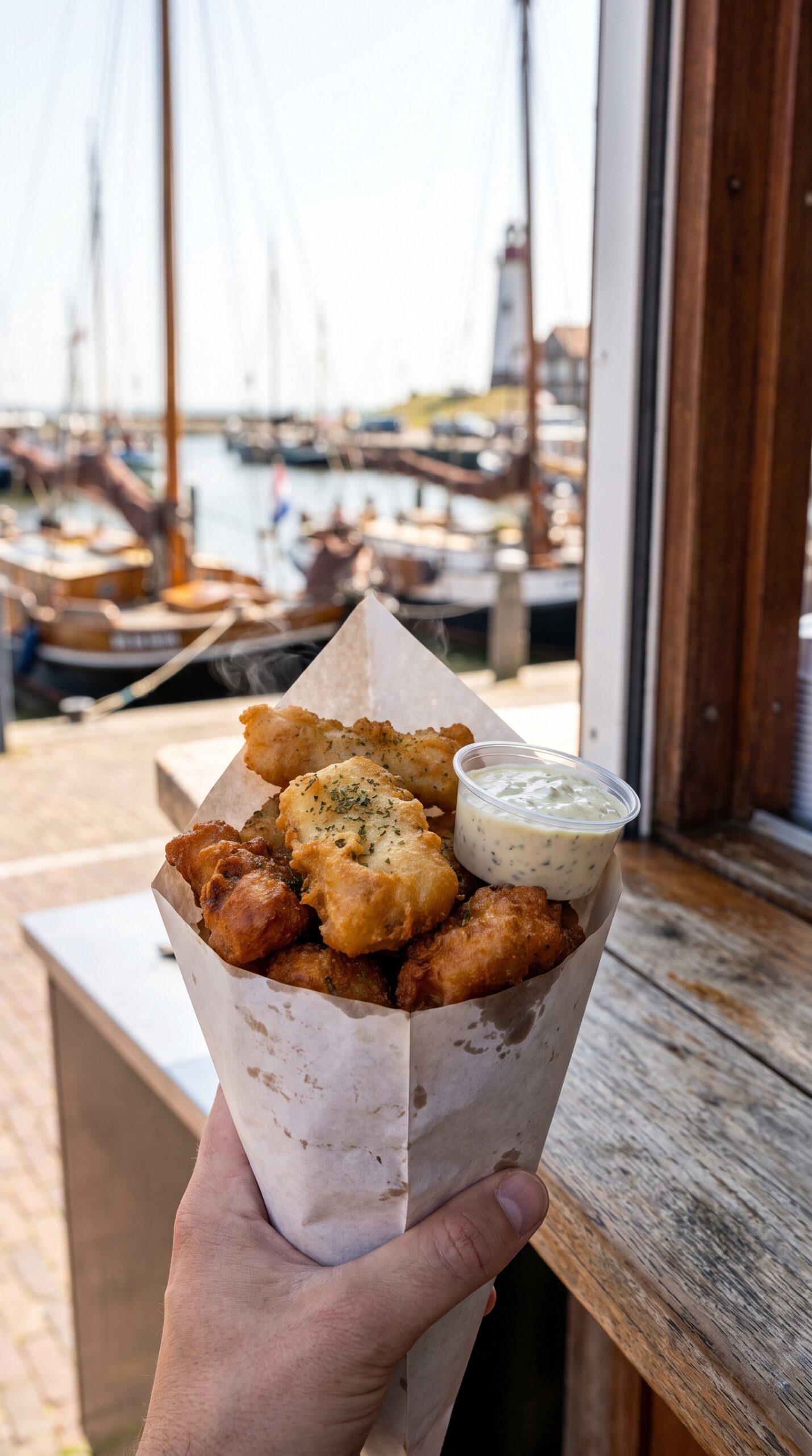 Fresh fried fish and kibbeling at a harbor stall in Urk, Flevoland