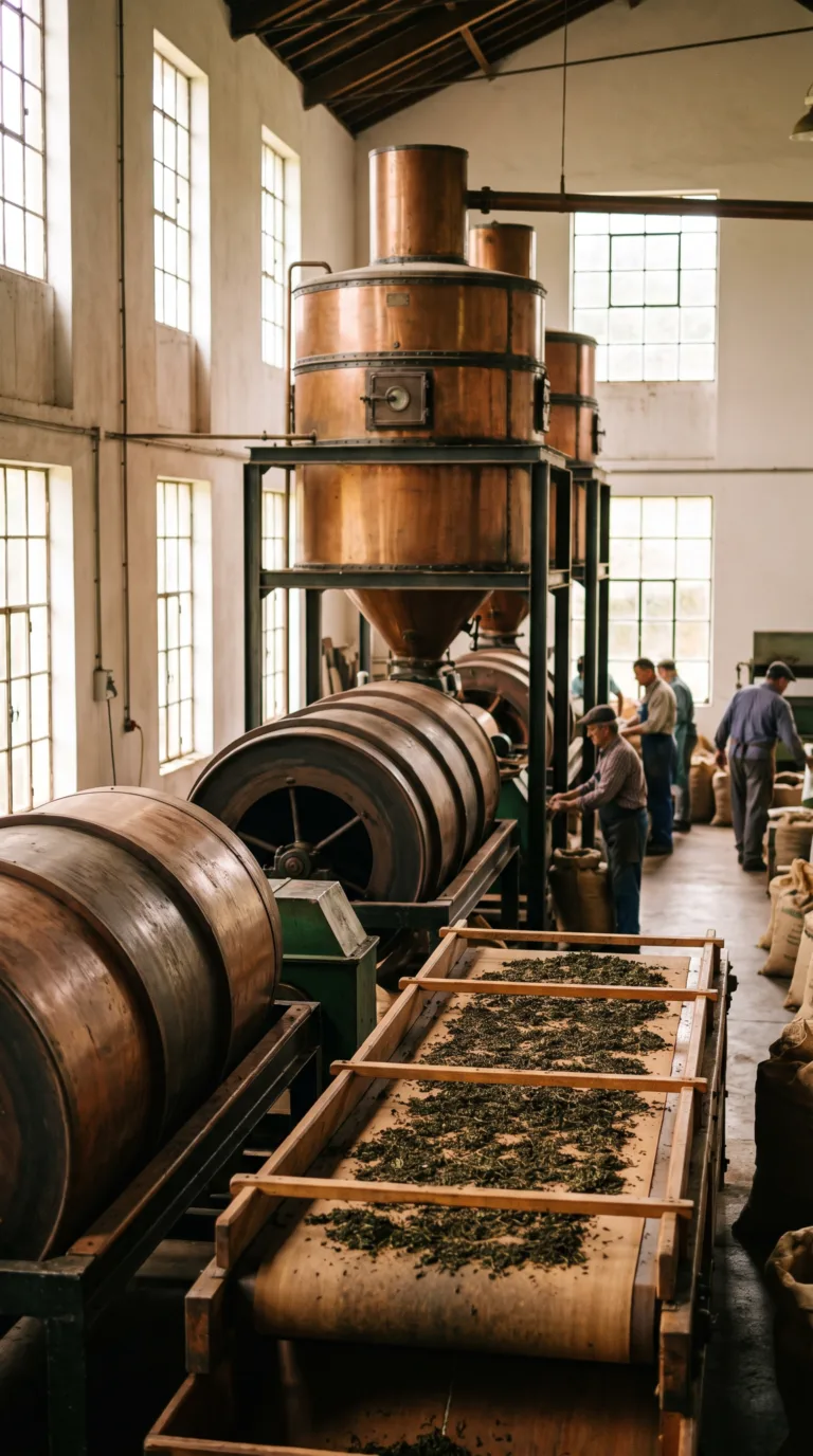 Vintage tea processing machinery inside Gorreana Tea Plantation factory, São Miguel