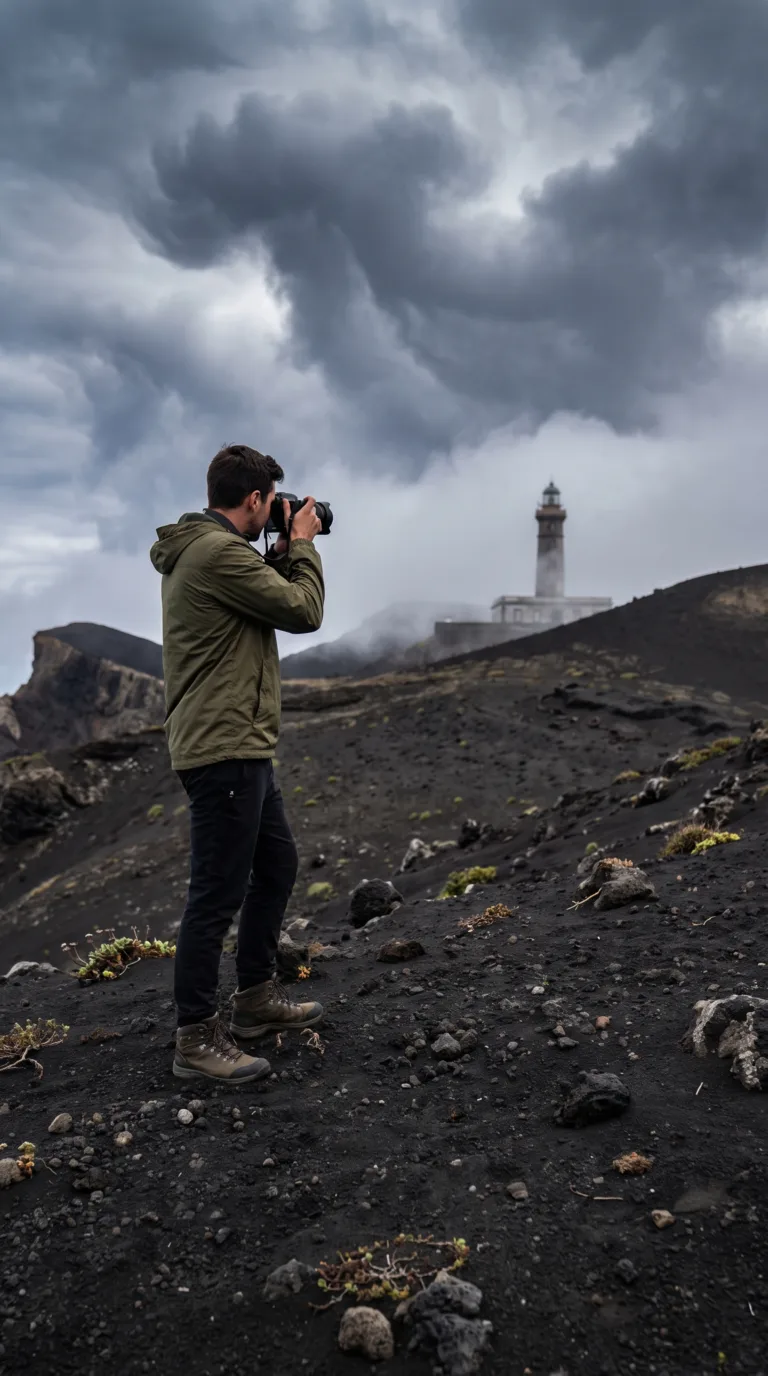 Visitor exploring Capelinhos Volcano black ash landscape Faial Island Azores