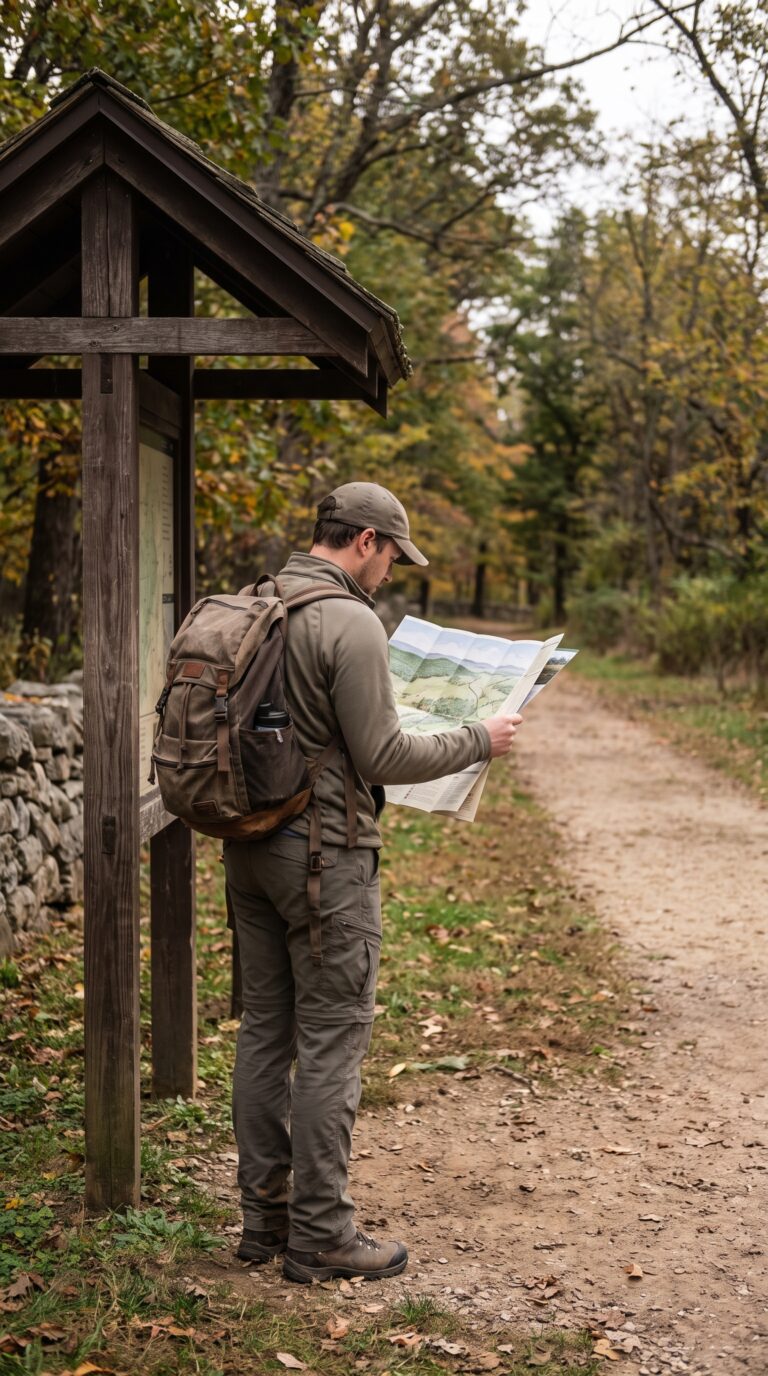 Visitor planning hike with trail map at Valley Forge National Historical Park entrance
