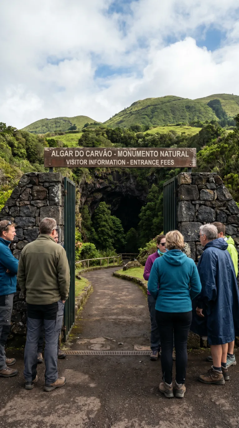Visitors preparing to enter Algar do Carvão cave with proper clothing on Terceira Island Azores